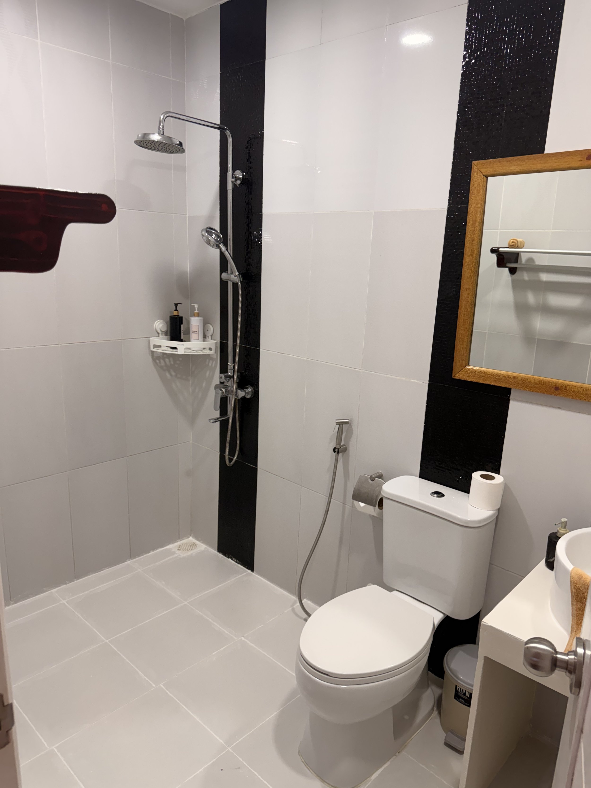 Une salle de bain moderne avec des murs en carrelage blanc, une cabine de douche avec une tête de douche ronde, un miroir avec cadre en bois, un WC blanc avec un rouleau de papier toilette, une petite étagère blanche avec un bidon et des produits de 