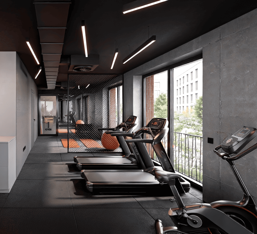Modernes Fitnessstudio mit Laufbändern und Cardio-Geräten am Fenster, dunkel gehaltenes Interieur mit linearer Beleuchtung