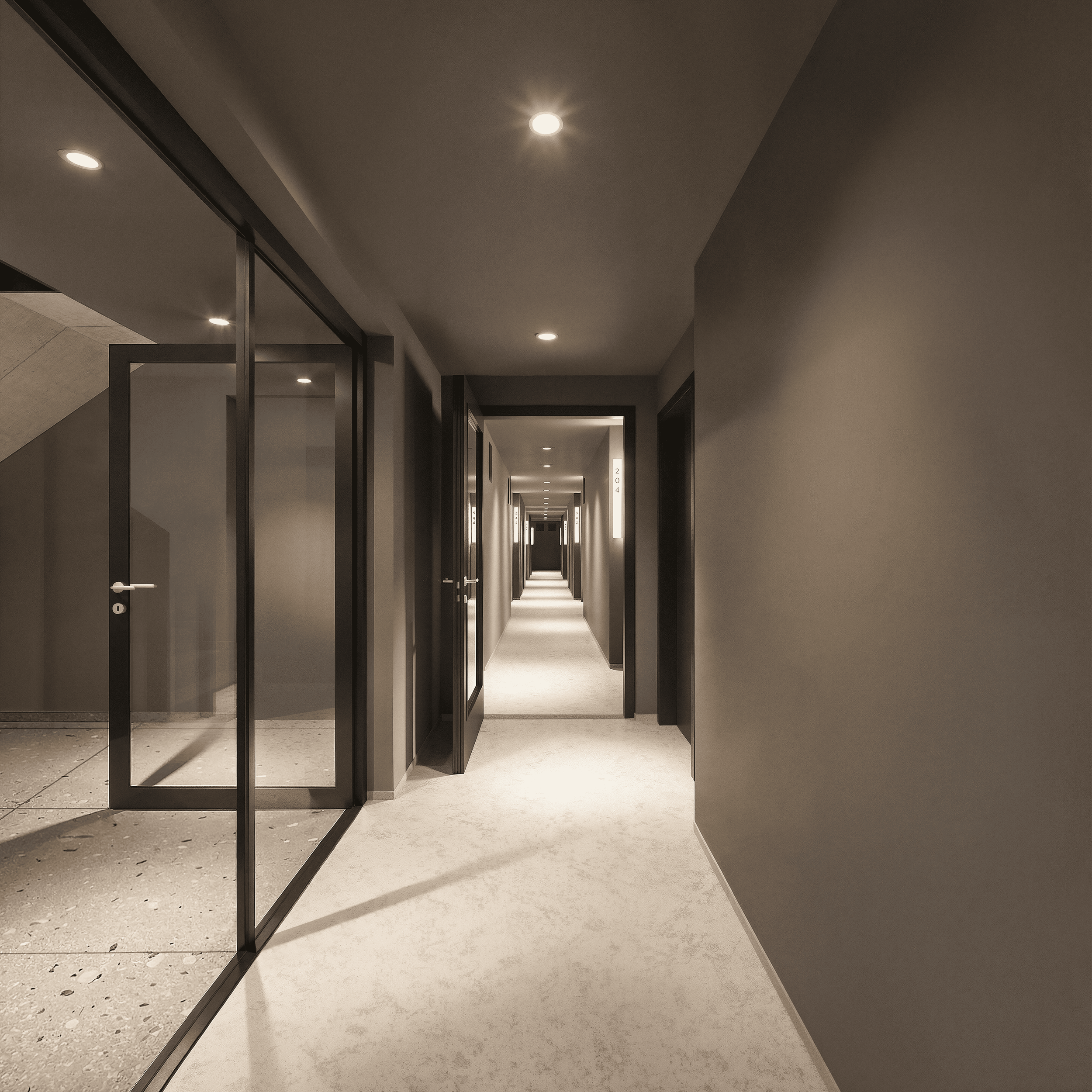 Innenansicht eines modernen Flurs mit grauen Wänden, Deckenleuchten und Glastüren, die zu Büro- oder Apartmentzimmer führen.