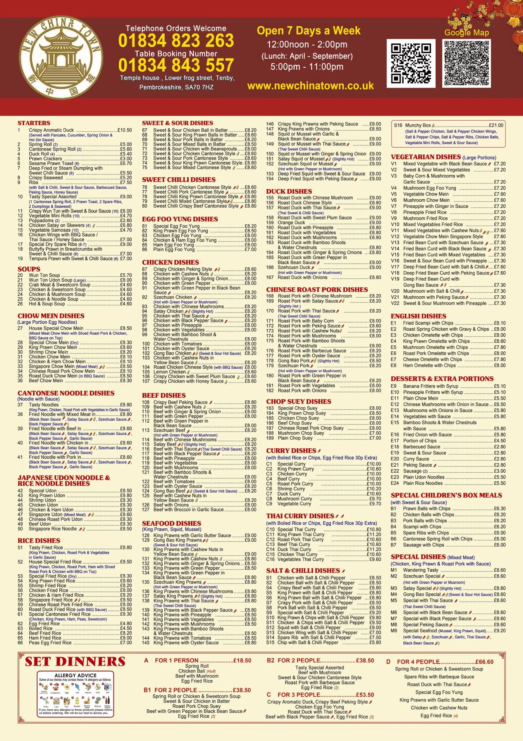 New China Town Tenby, Takeaway Menu- most popular Chinese takeaway in Tenby, Pembrokeshire