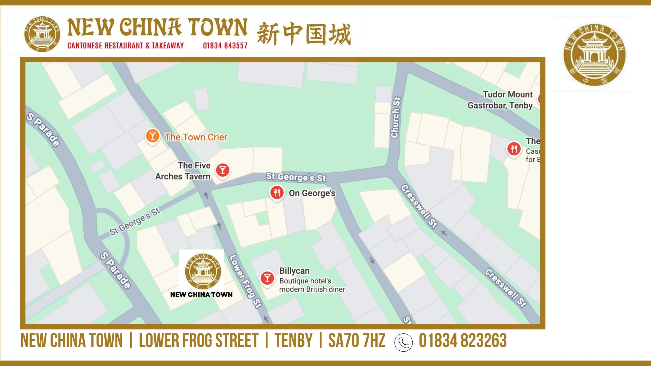 Find us - New China Town Tenby Map - we're on Lower Frog Street, Tenby opposite The Billycan.