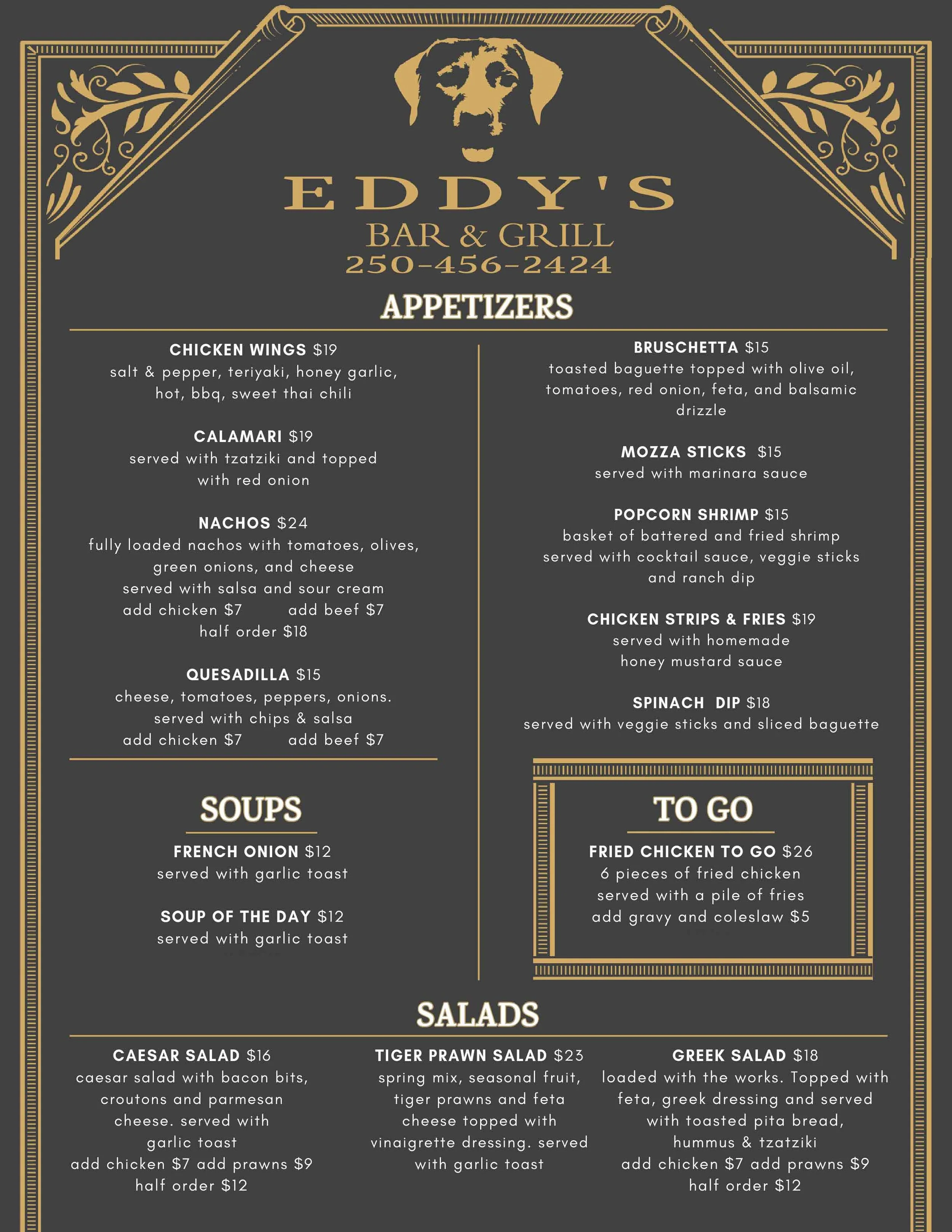 Menu for Eddy's Bar & Grill with appetizers, soups, salads, and to-go options listed.