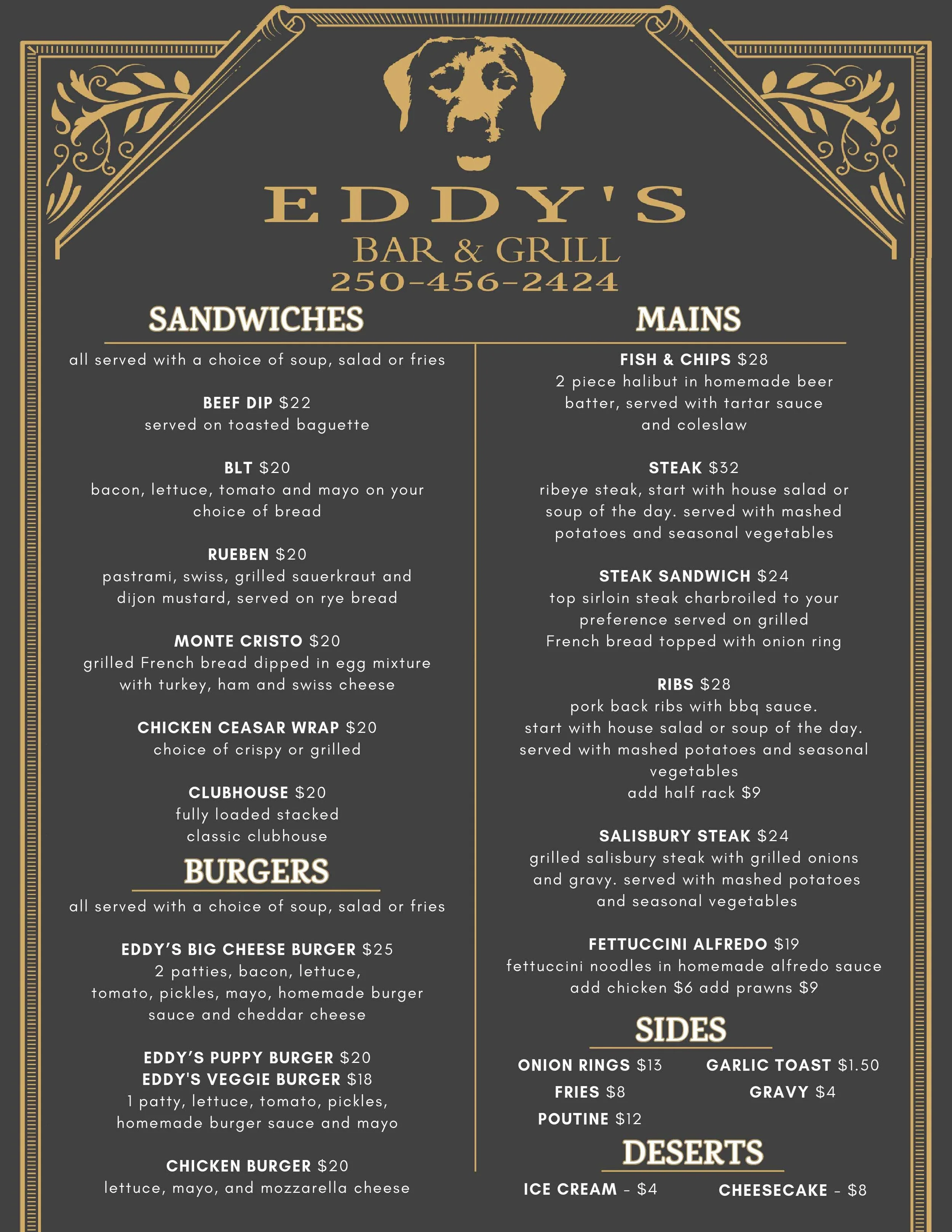 Menu for Eddy's Bar & Grill featuring sections for sandwiches, burgers, mains, sides, and desserts. The menu has a dark background with gold lettering, and includes items such as fish & chips, steak, ribs, and various burgers.