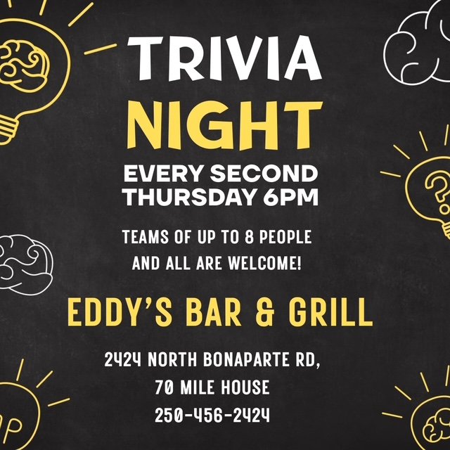 A promotional poster for Trivia Night at Eddy's Bar & Grill. The event is held every second Thursday at 6 PM, accommodating teams of up to 8 people. The address is 2424 North Bonaparte Road, 70 Mile House, with a contact number 250-456-2424. The poster features a black background with yellow and white text, and illustrations of light bulbs and thought clouds.