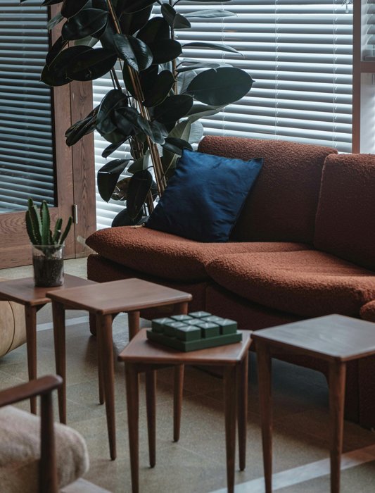 A therapist's office with a comfortable couch and cozy, calming atmosphere