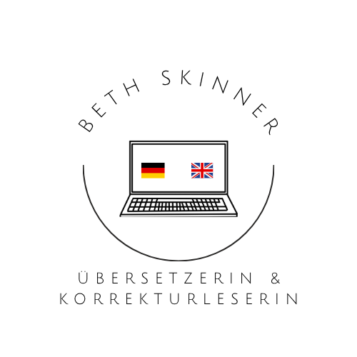 Logo with the text "Beth Skinner" and "Übersetzerin & Korrekturleserin" in German, featuring a laptop with German and British flags on its screen.