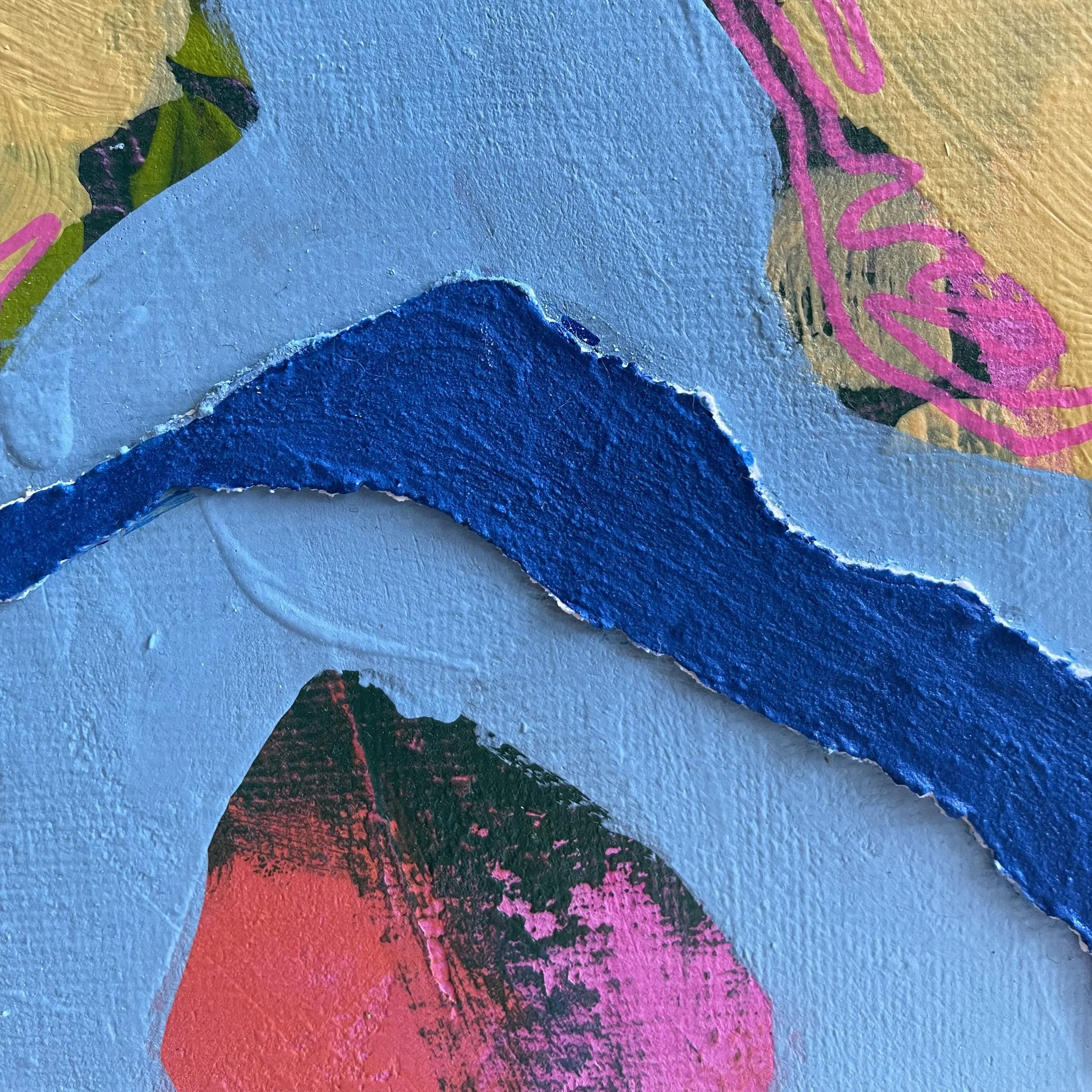 Close-up detail of "Pėdsakai" from the Palimpsest collection. A view of the heavily textured cobalt blue paste accent over organic light blue shape.