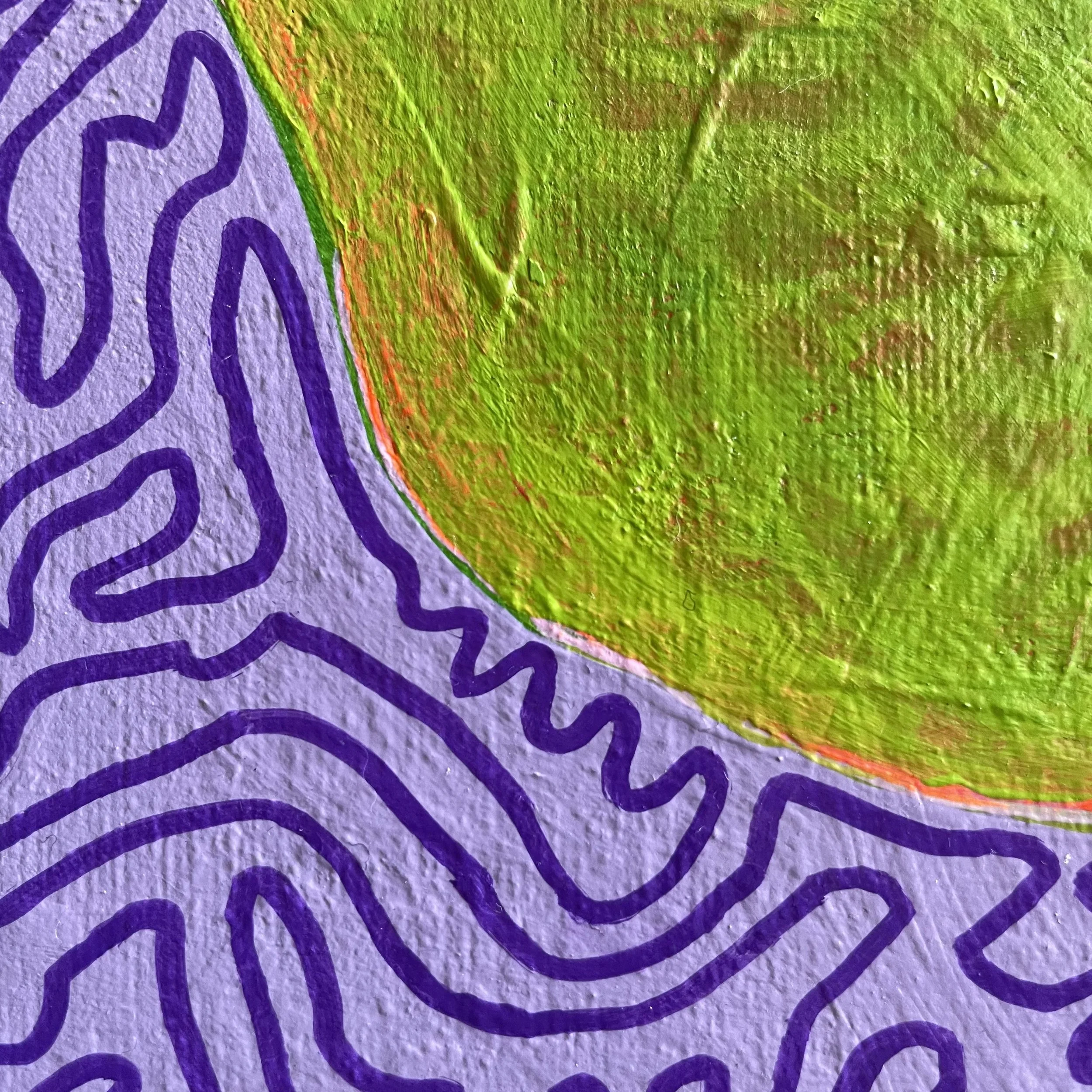 Textural detail of "Underveil" by Nicole Bajger, focusing on the artist's signature complex purple linework layered beside highly textured vibrant green sections.