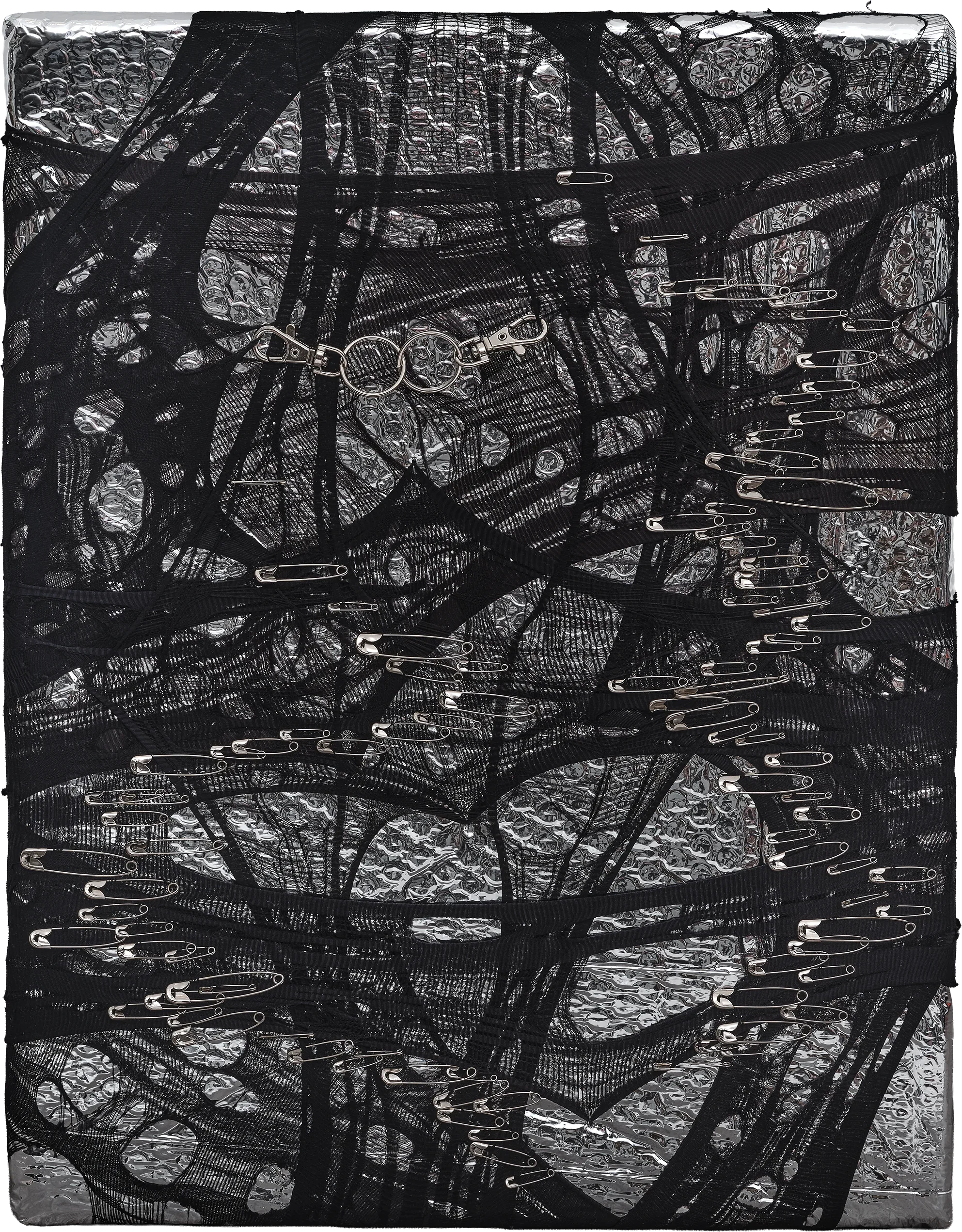   Silver Dreams: Act 3 - Heart , 2024 
 Reclaimed nylon and repurposed packaging on canvas 
36 x 46 cm (14.2 x 18.1 in)  
 €900  