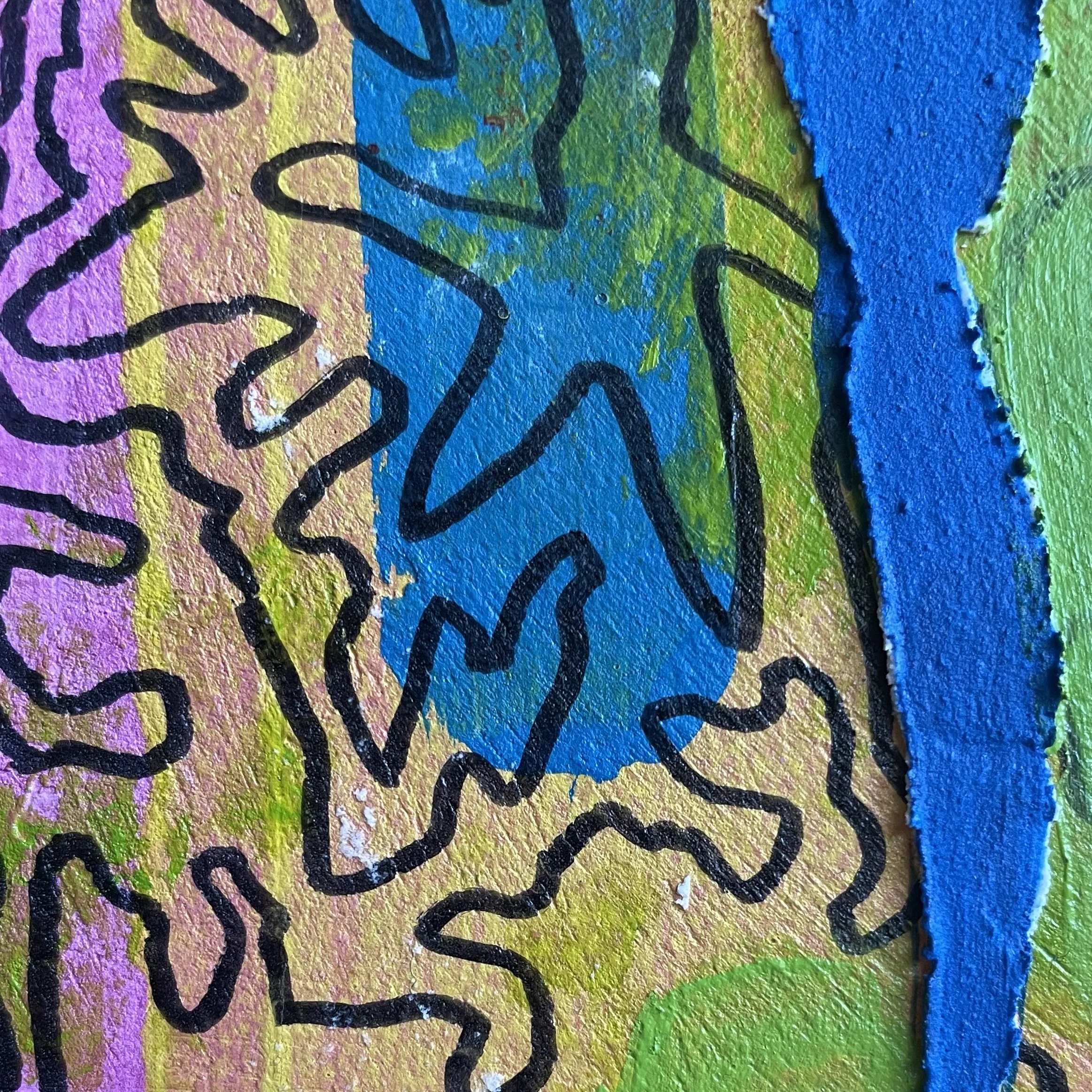 Close-up detail of "Šuolis" by Nicole Bajger, revealing the raw surface texture and the intricate relationship between a continuous black line over bordering areas of green, yellow and pink.