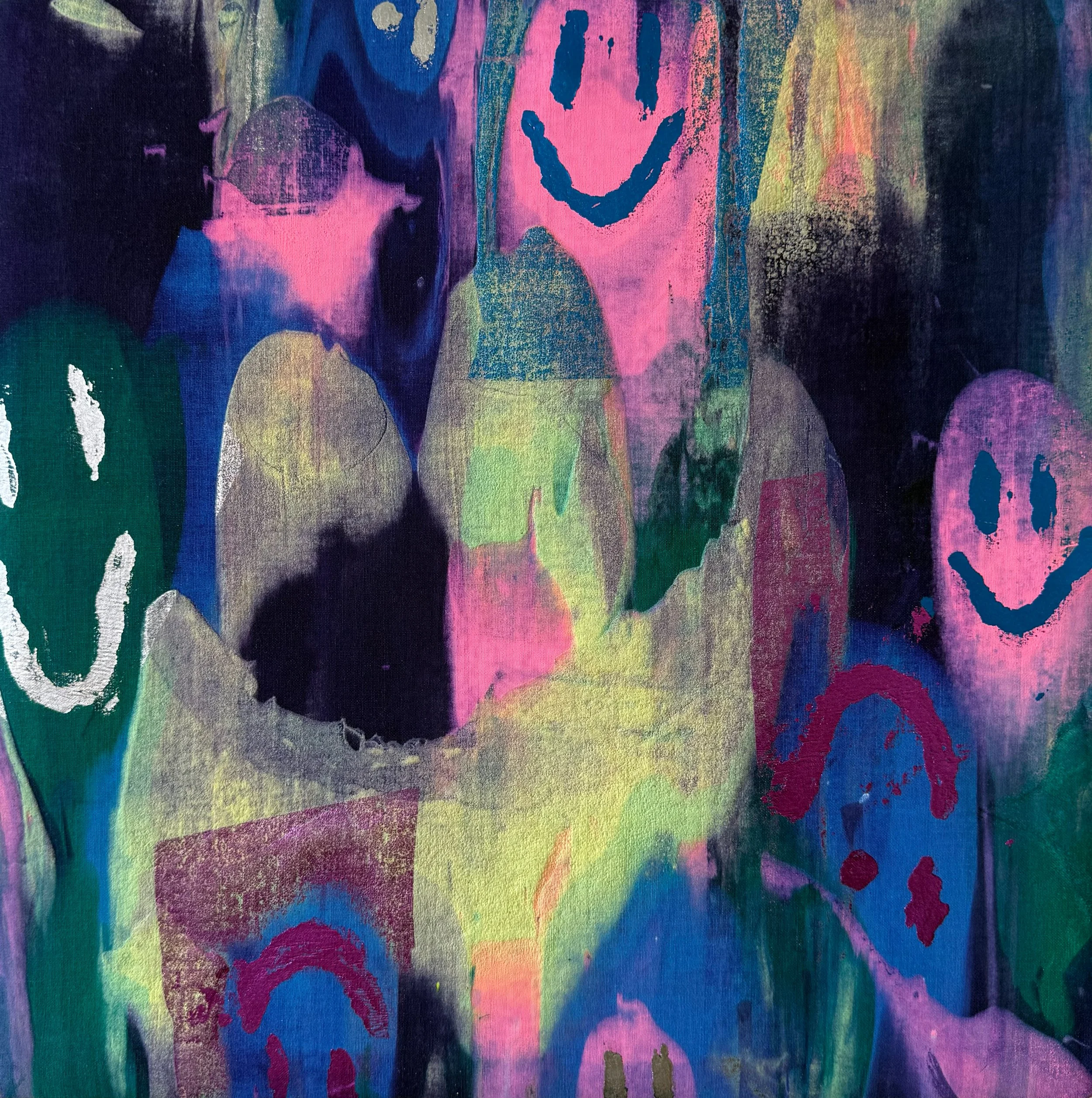 'Electric' (2022) screen print. Stylised, bright pop-art forms with smiling faces over blended multi-coloured textile acrylic.