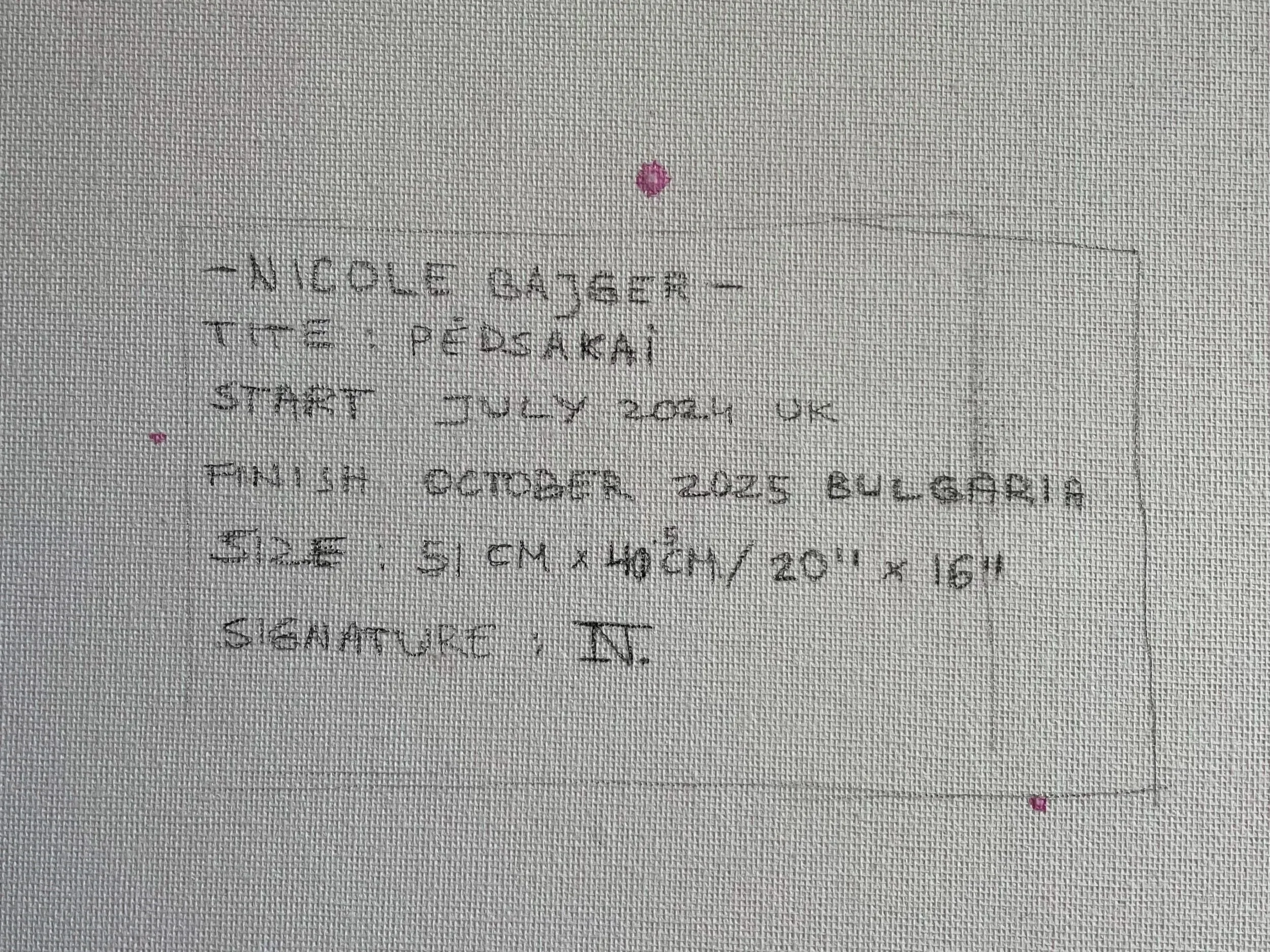 Verso of the canvas for "Pėdsakai" by contemporary artist Nicole Bajger. Close-up of handwritten provenance, signature, and medium details on canvas.