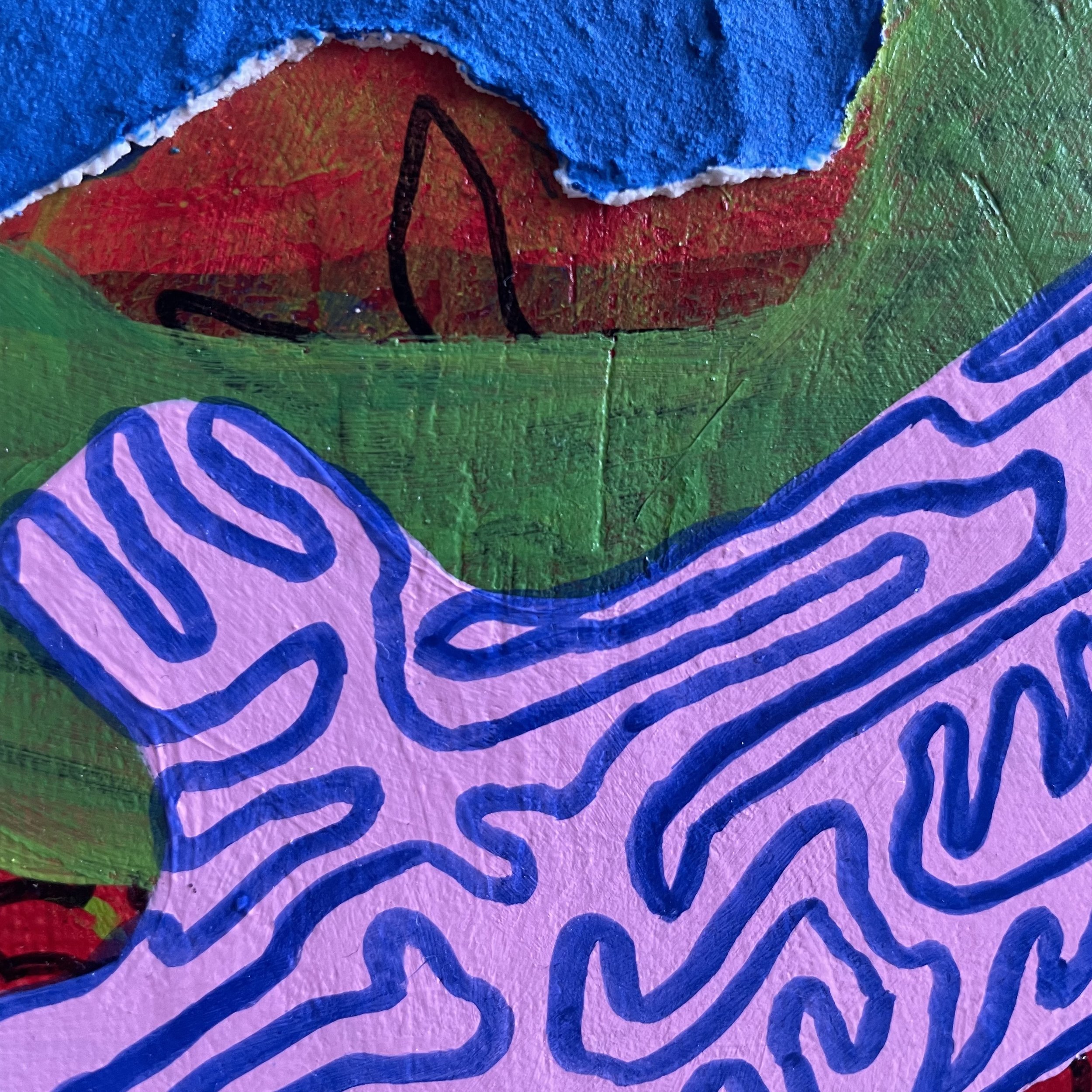 Detail of "Šuolis" by contemporary artist Nicole Bajger. A close-up view showing a dynamic, continuous blue line applied over a light pink base colour, adjacent to vibrant green and red sections.
