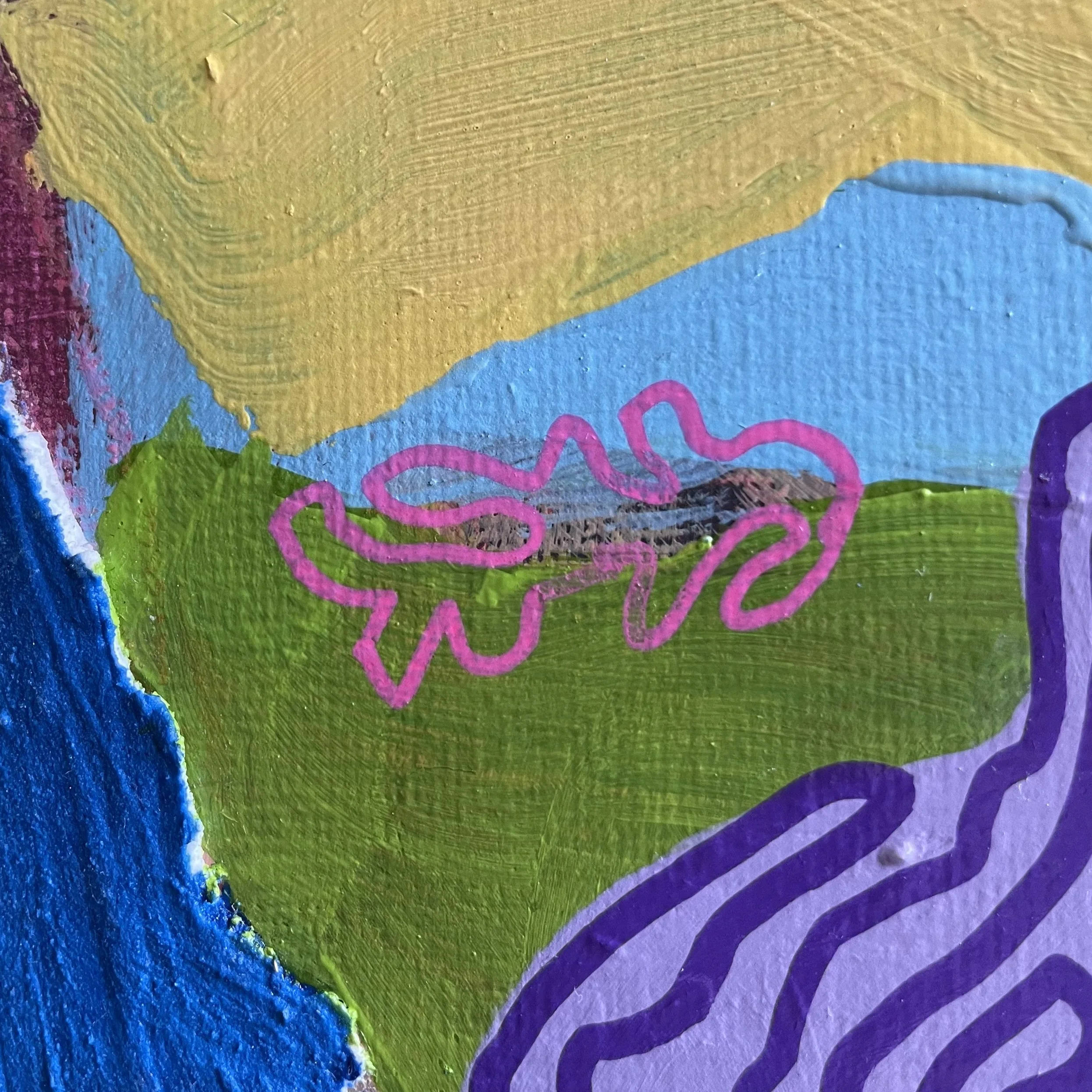 Detail of "Pėdsakai" by Nicole Bajger. A close-up view highlighting the intricate purple continuous line over a light lilac base, set against vibrant organic fields of green and yellow.
