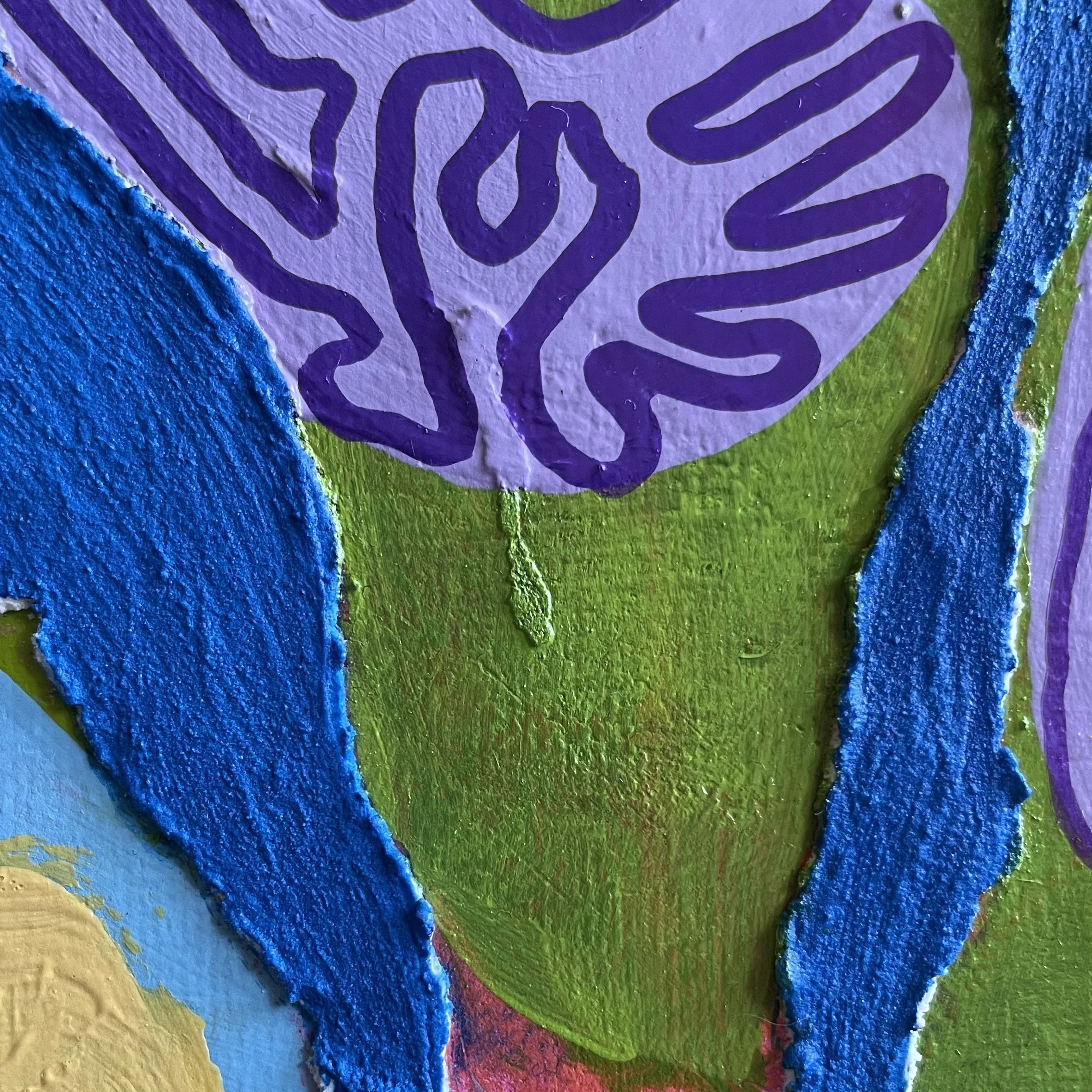 Textural detail of "Pėdsakai" by Nicole Bajger. This macro view showcases the artist's signature continuous purple linework and the heavy application of cobalt blue texture paste.