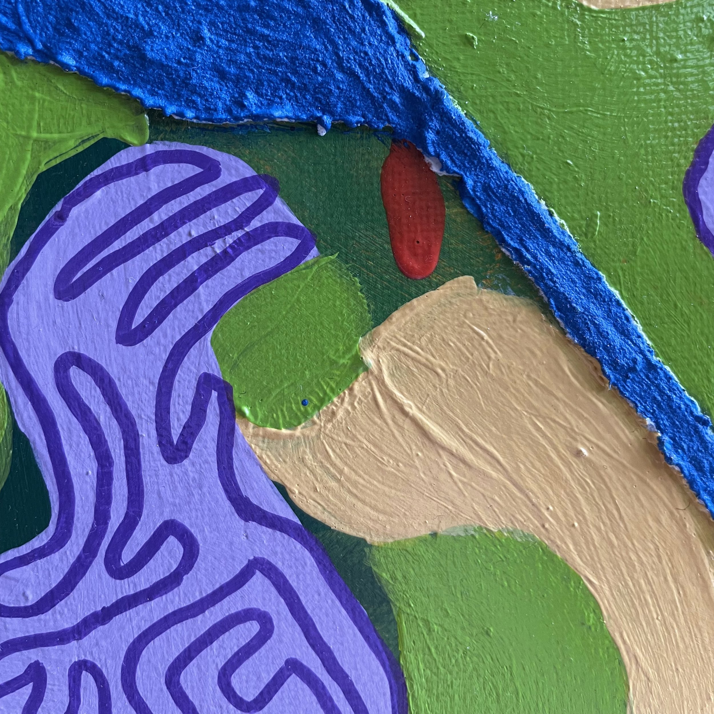 Textural detail of "Confluence" by Nicole Bajger, featuring distinctive purple maze-like linework set against layered organic forms in green and light yellow.