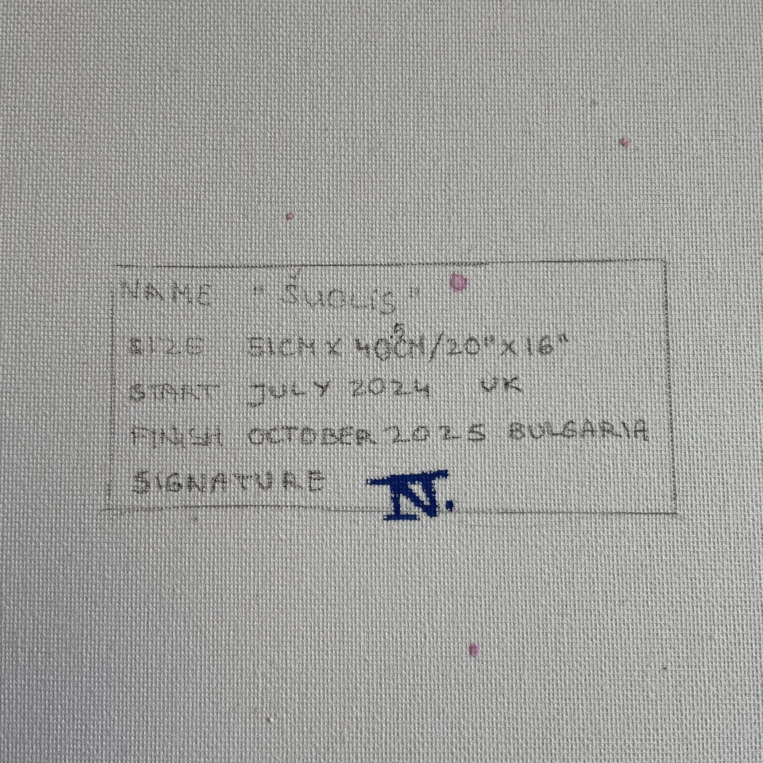 Verso of the canvas for "Šuolis" by contemporary artist Nicole Bajger. Close-up of handwritten provenance, signature, and medium details on canvas.