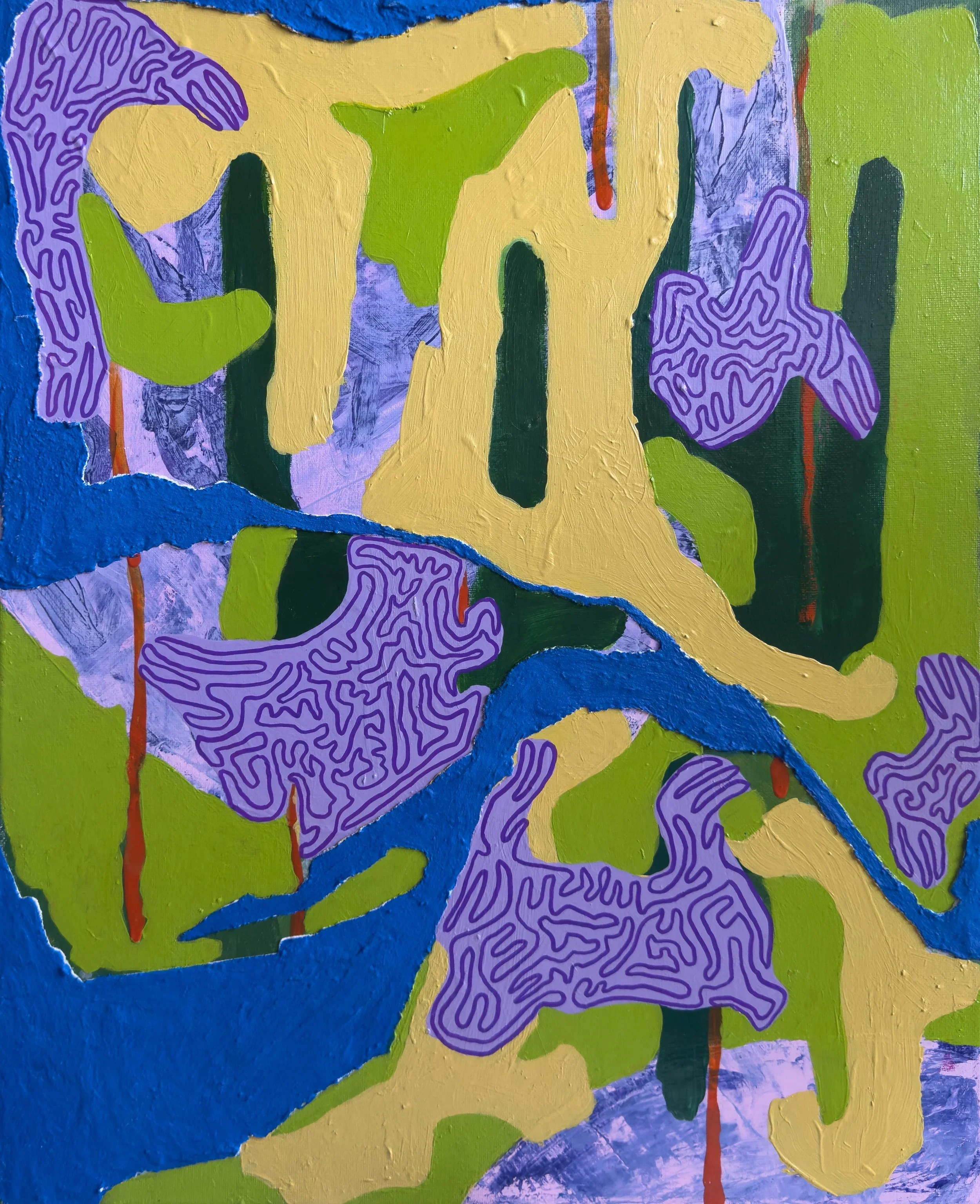'Confluence' (2025). Layered green, yellow and pink acrylics host organic lilac shapes with continuous purple lines, and finally, a cobalt blue painted texture contours the canvas.
