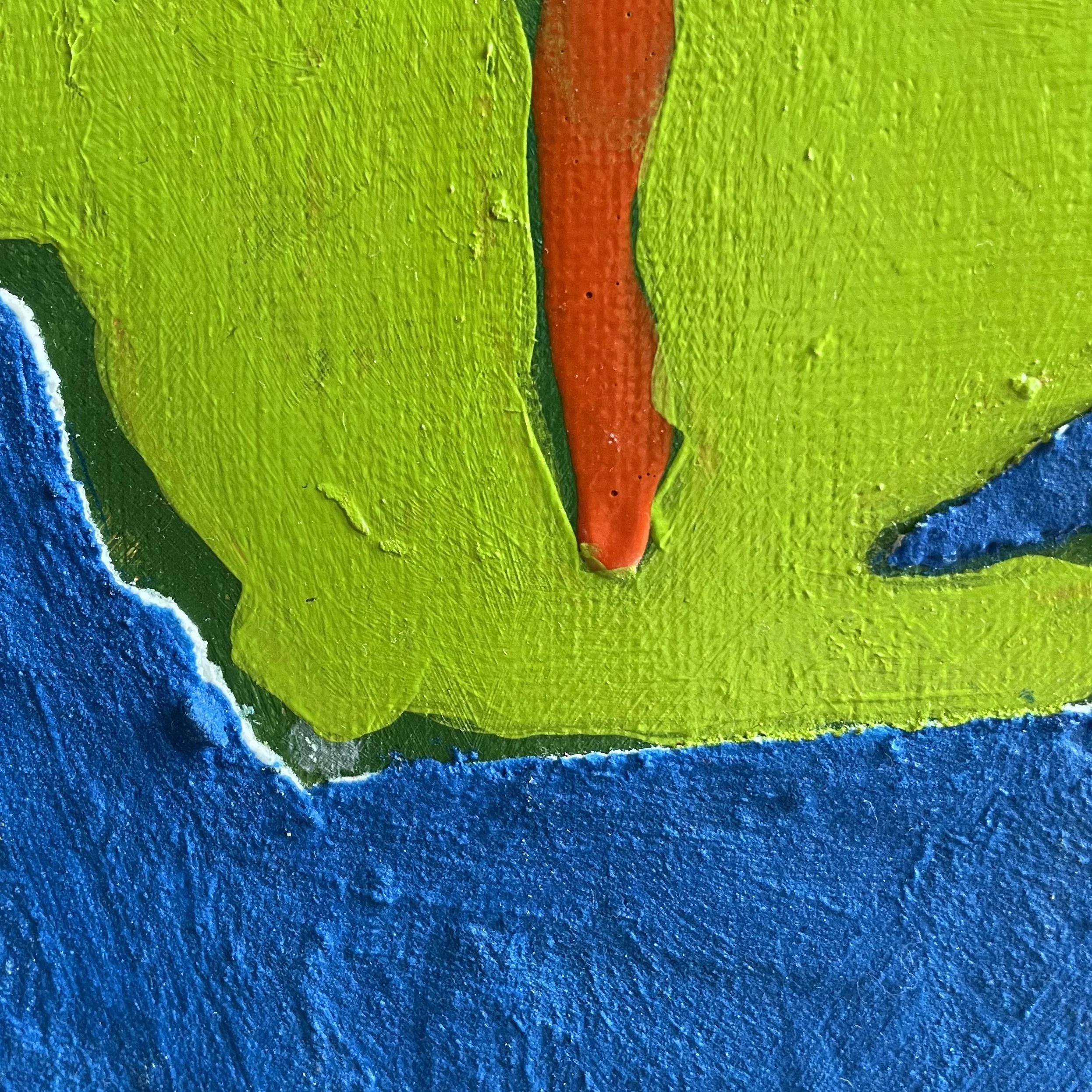 Detail view of "Confluence" by Nicole Bajger, highlighting the raw materiality, visible brushwork, and a striking contrast of vivid green, red, and cobalt blue.