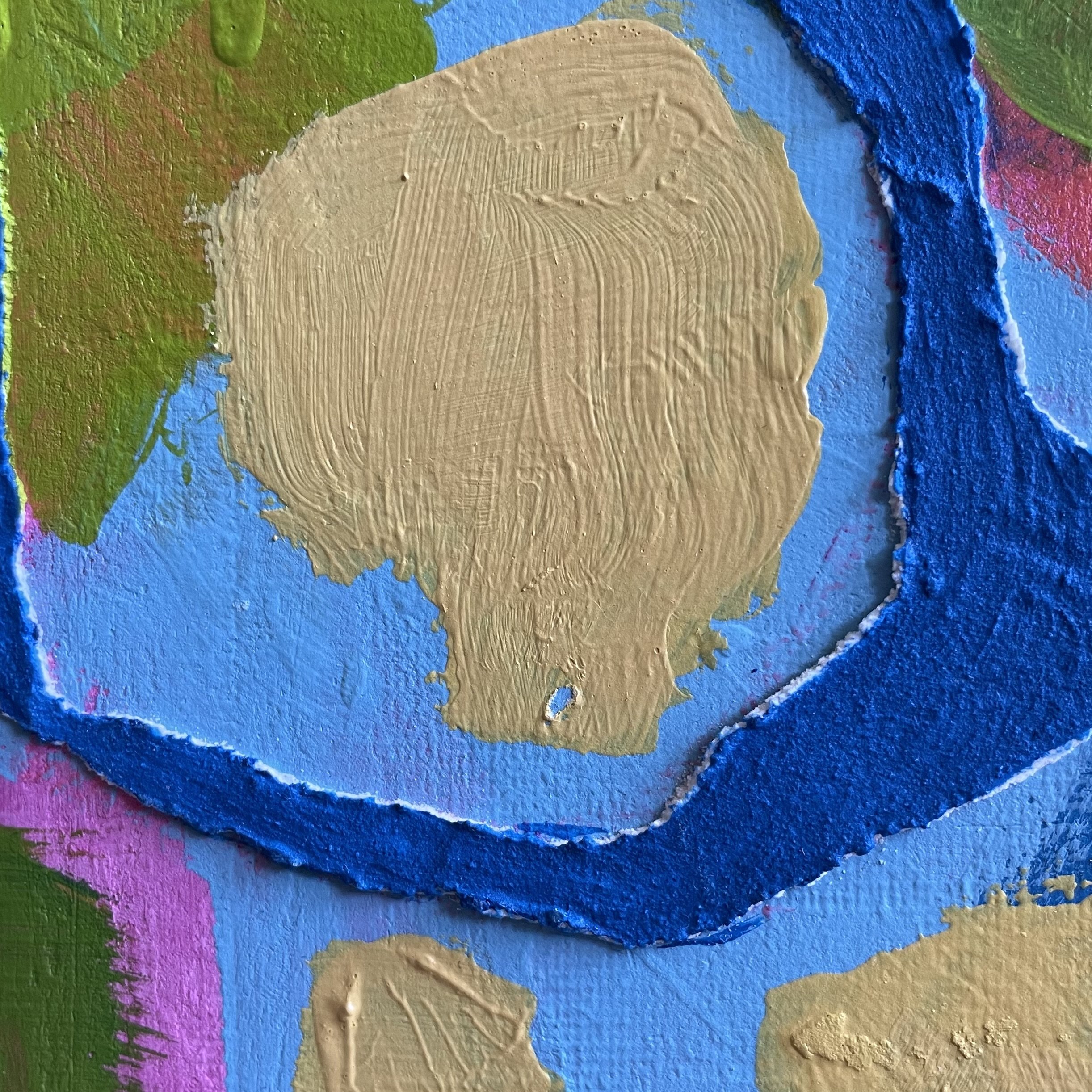 Macro view of the abstract painting "Pėdsakai" by Nicole Bajger, focusing on the raw materiality of the cobalt blue texture paste and the layered fields of light yellow, blue and green.