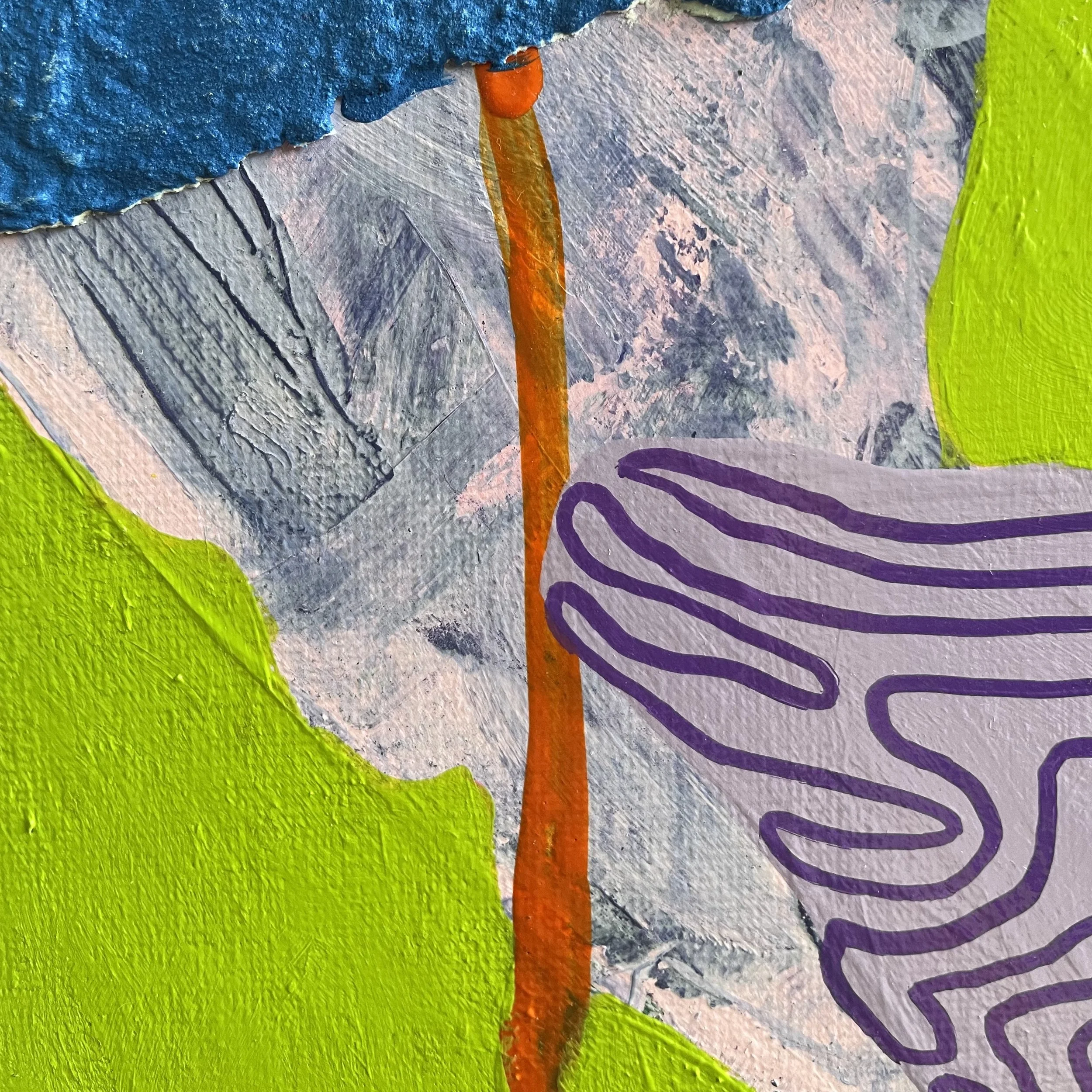 Macro detail of "Confluence" by contemporary artist Nicole Bajger, showcasing the layered application of colour and complex linear patterns.