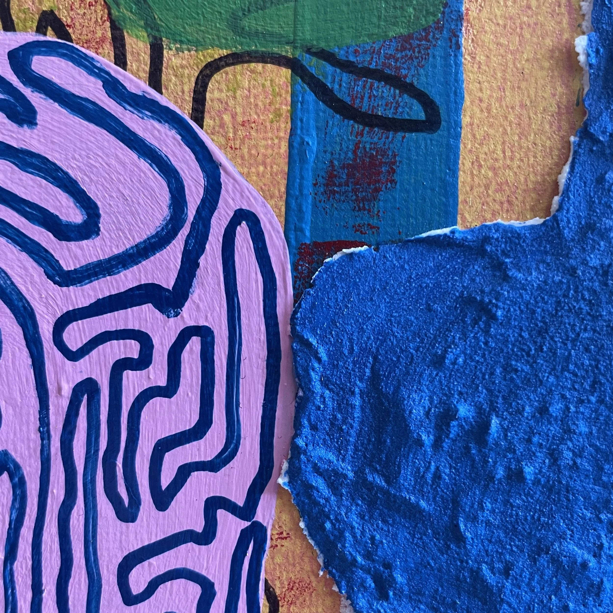 Macro detail of "Šuolis" by Nicole Bajger, featuring a prominent strip of heavily textured paste painted cobalt blue, set beside a light pink area with blue continuous linework.