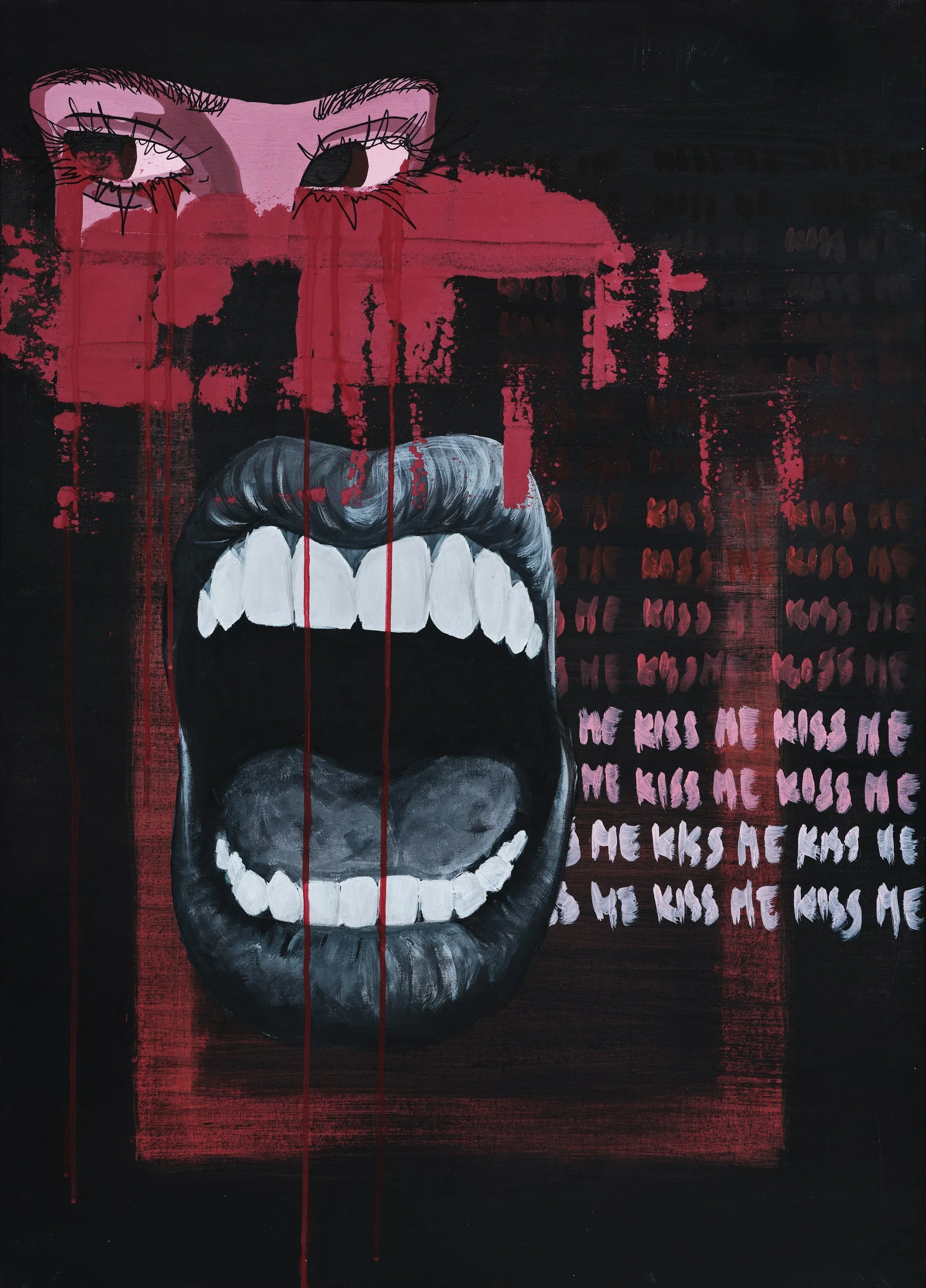 'Kiss Me' (2024) acrylic and texture paste painting. On a stark black canvas, a large greyscale open mouth sits below eyes that are deliberately obliterated by a heavy, dripping smear of pink-red texture paste alongside repetitive "KISS ME" text.
