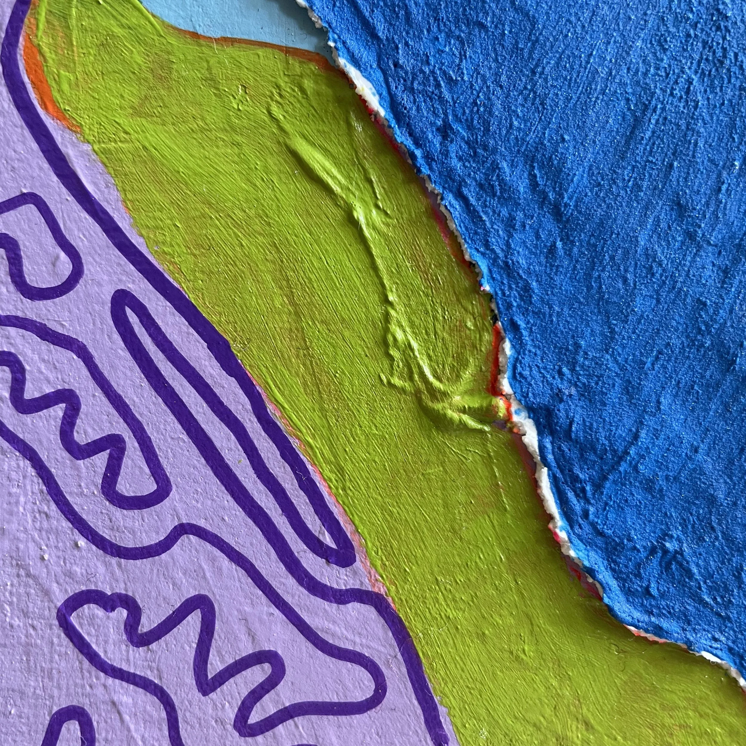 Detail of "Underveil" by contemporary artist Nicole Bajger. A close-up view highlighting raw textural elements, vivid green forms, and intricate purple linework bordered by cobalt blue.