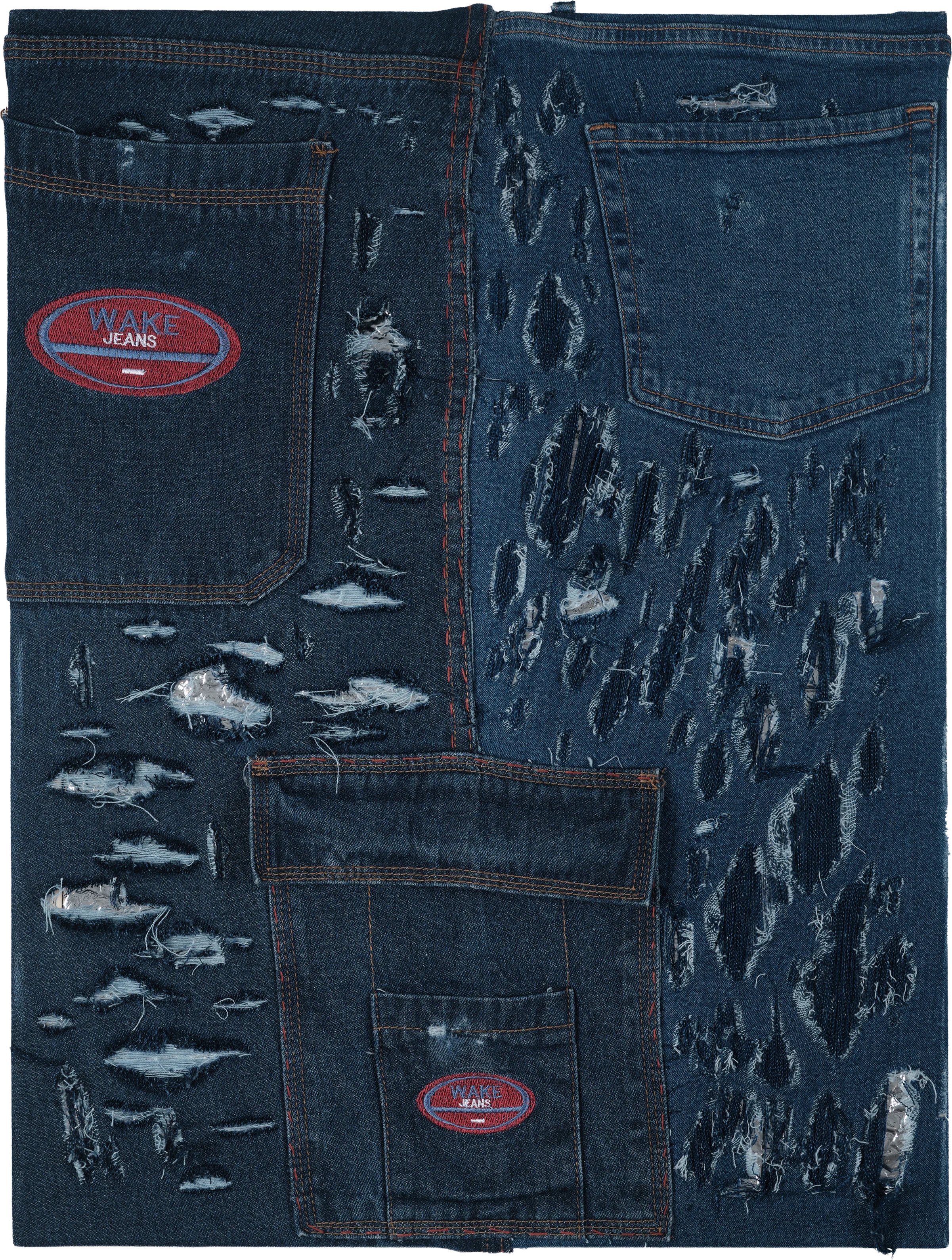   Jeanting , 2024 
 Repurposed denim, thread, and industrial packaging 
46 x 60.5 cm (18.1 x 23.8 in)  
  Private Collection   