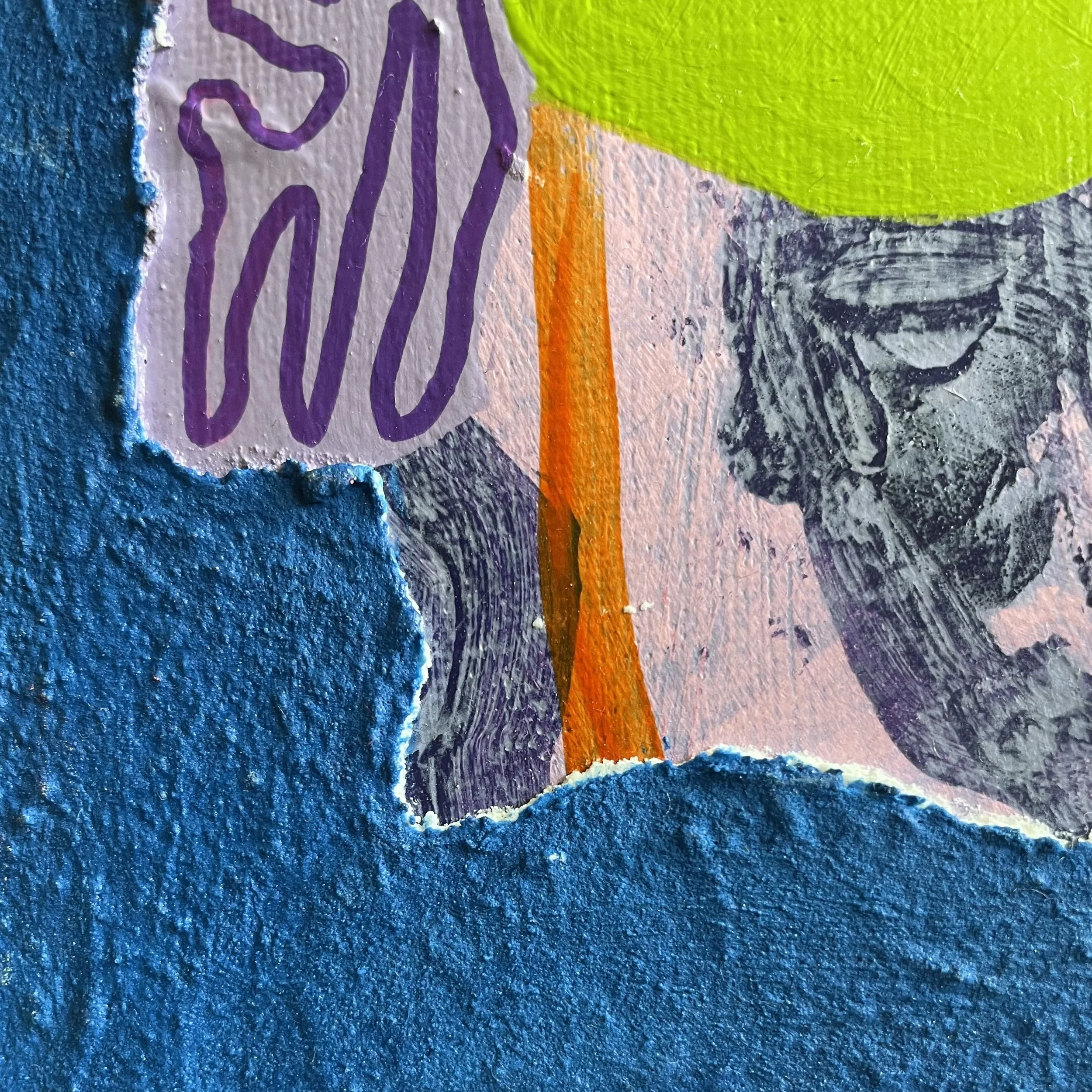 Detail of "Confluence" by Nicole Bajger. A close-up revealing heavy surface texture, vibrant cobalt blue, and intricate purple linework.