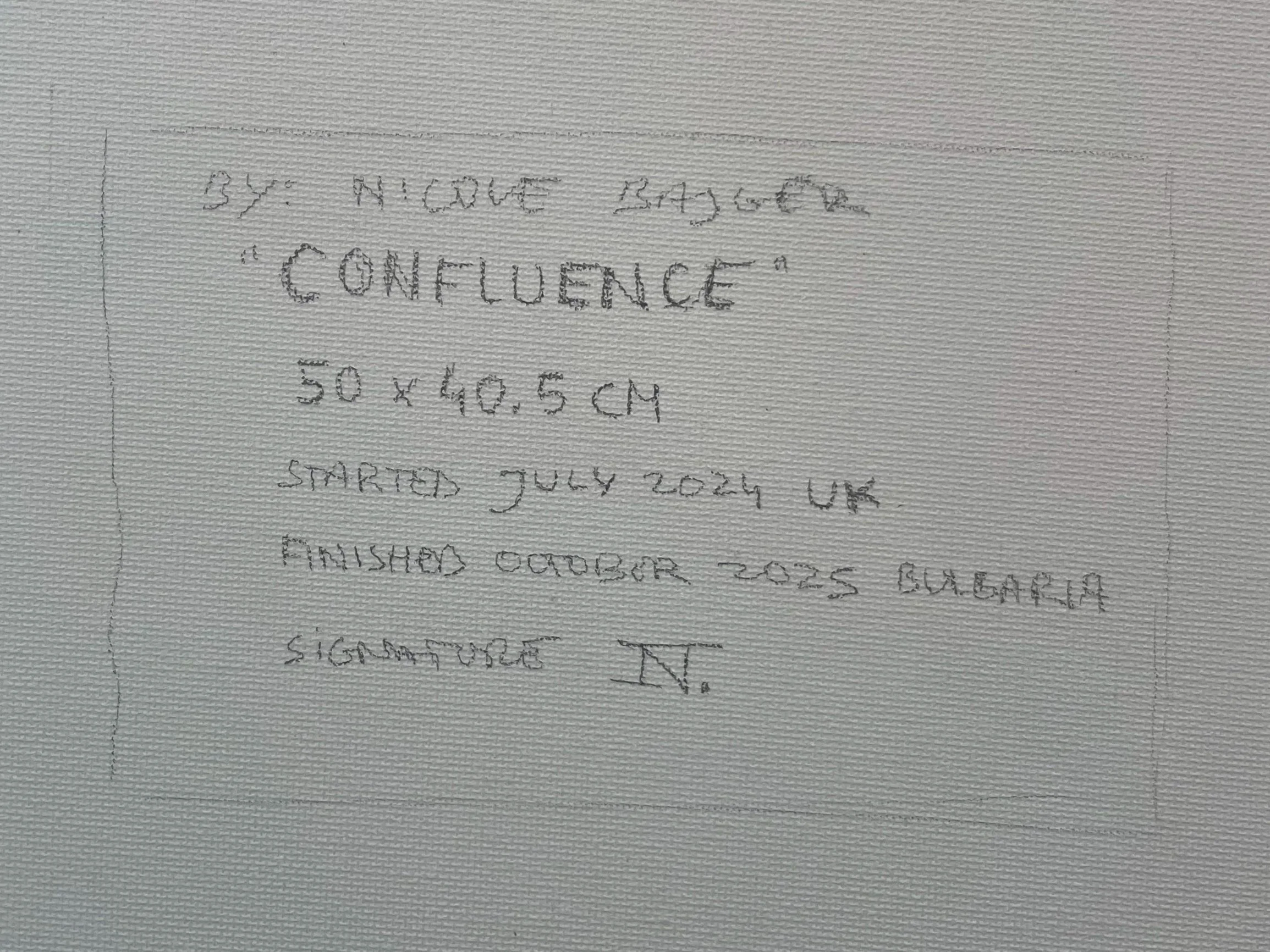 Verso of the canvas for "Confluence" by contemporary artist Nicole Bajger. Close-up of handwritten provenance, signature, and medium details on canvas.