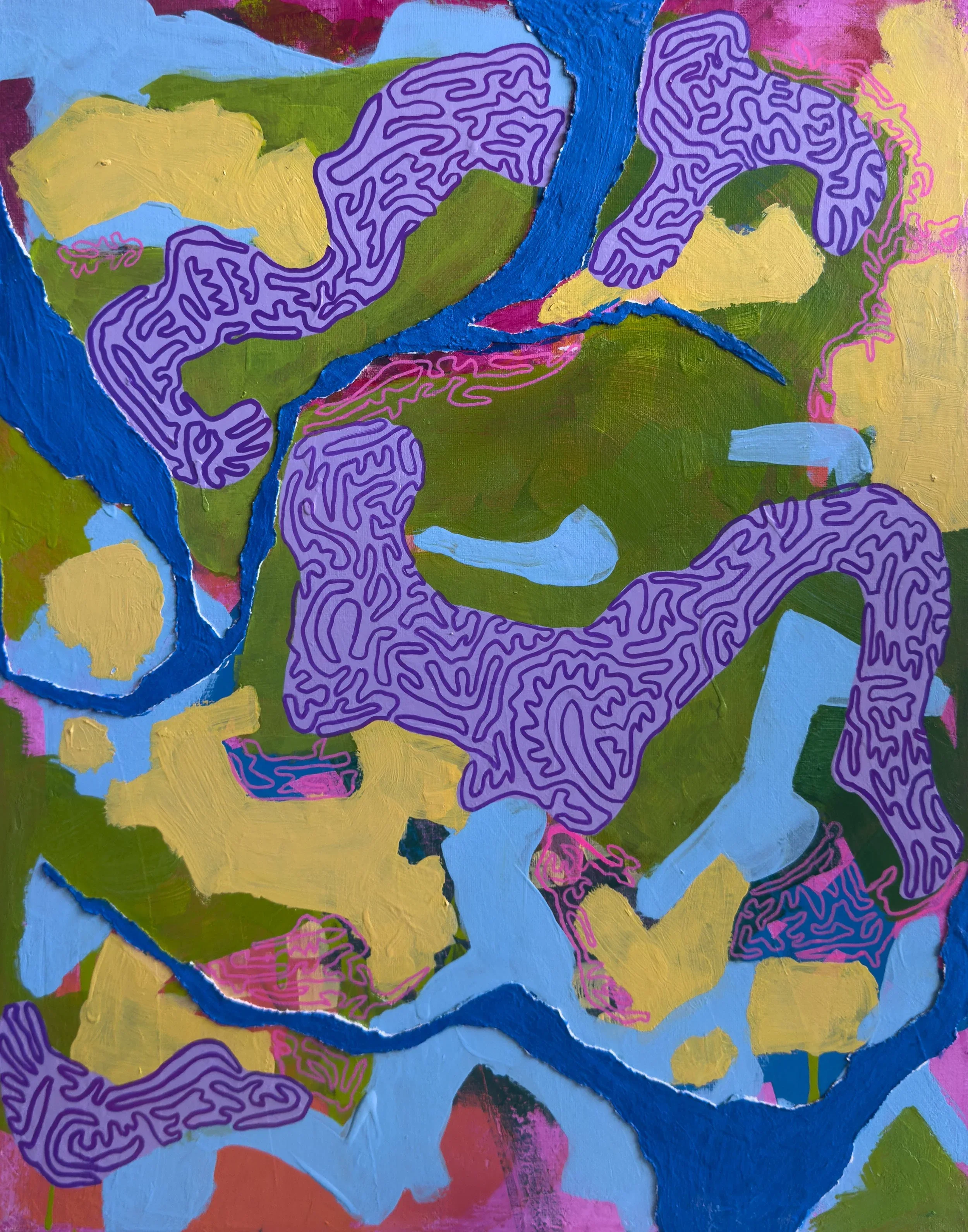 'Pėdsakai' (2025). Layered green, yellow, light blue and pink acrylics host organic lilac shapes with continuous purple lines, contoured by a heavy cobalt blue textured paste.