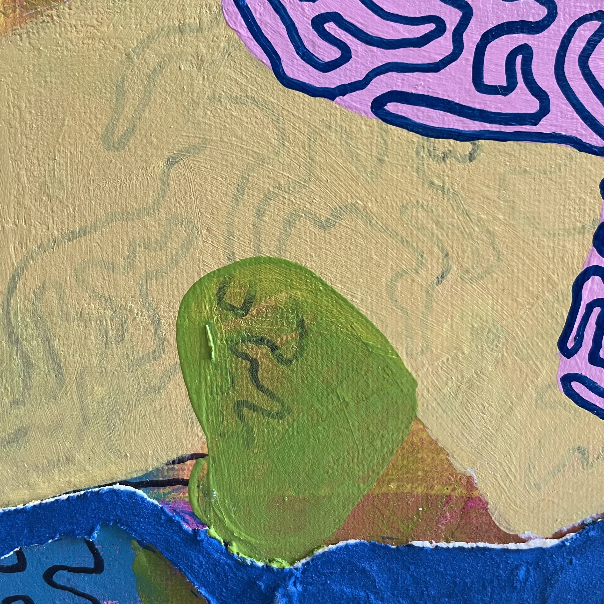 Textural detail of the abstract painting "Šuolis" by artist Nicole Bajger. Highlighting intricate blue linework over a light pink surface, contrasted against interlinked organic fields of yellow and green.