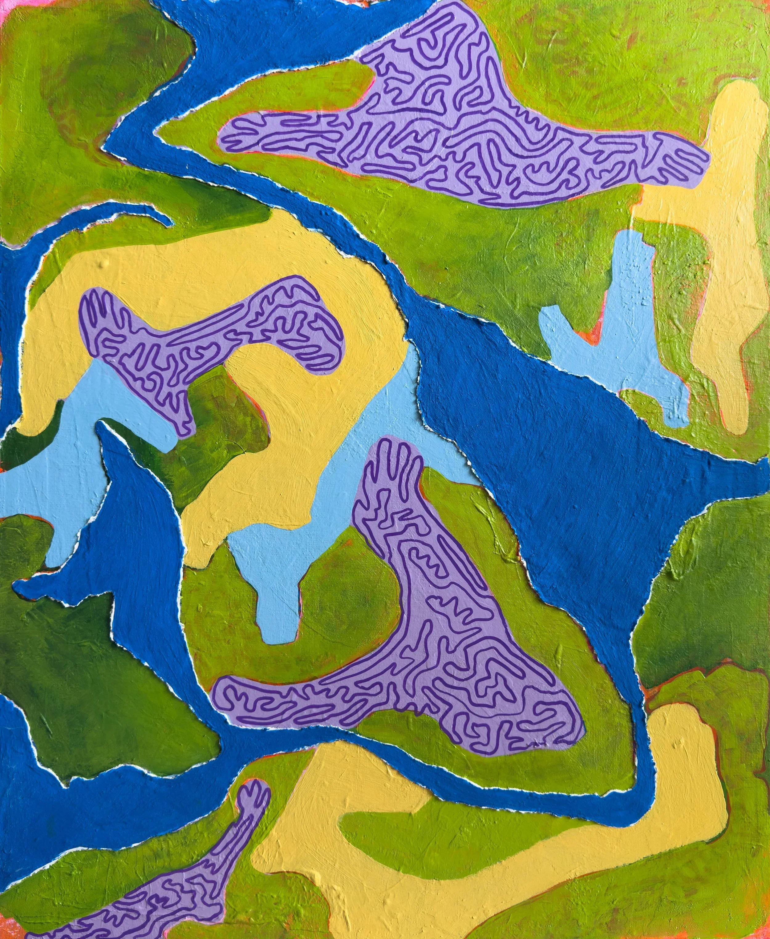 'Underveil' (2025). Layered green,  yellow and light blue acrylics host organic lilac shapes with continuous purple lines, contoured by a heavy cobalt blue textured paste.