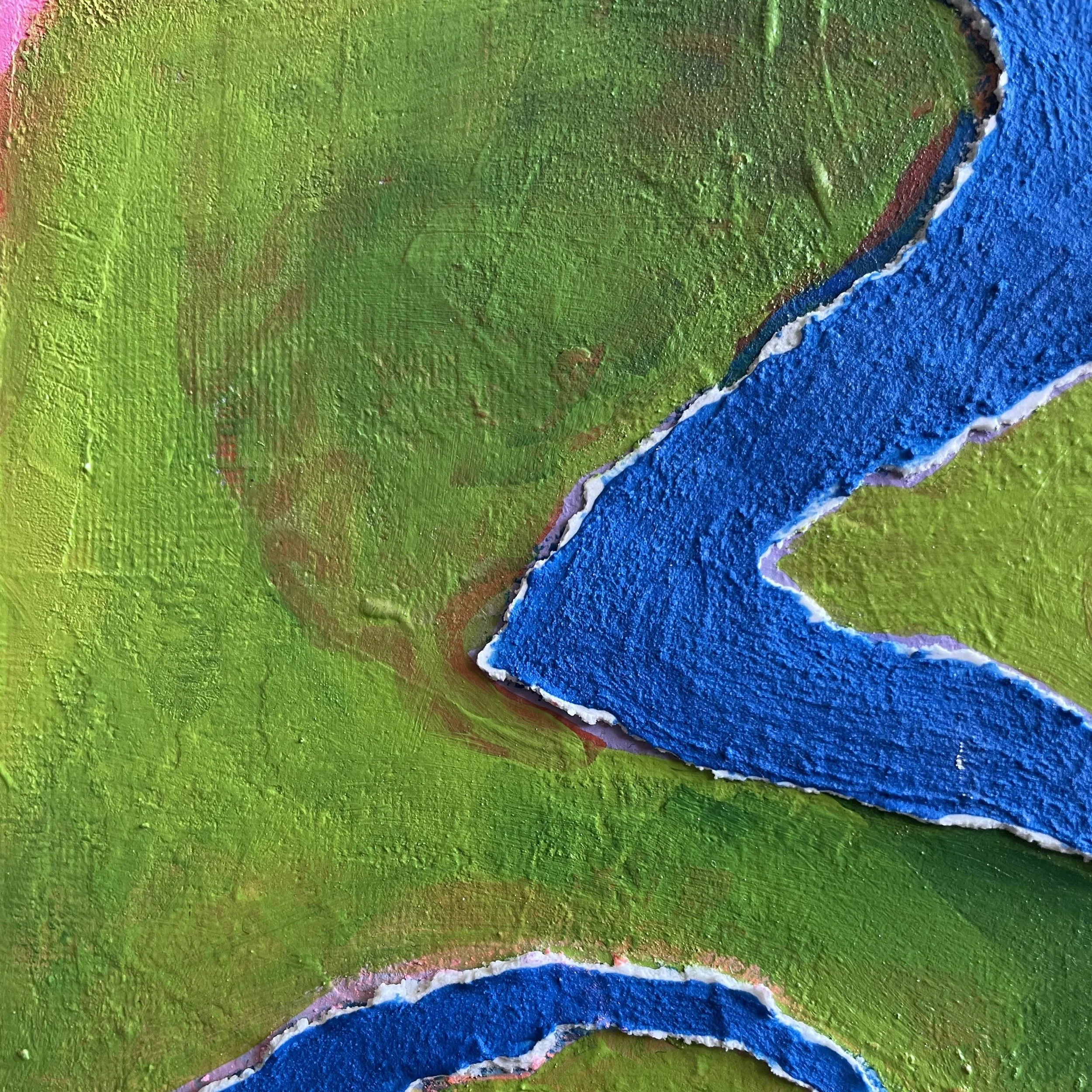 Macro view of "Underveil" by Nicole Bajger, showcasing the heavy application of pigment and sweeping organic forms in striking cobalt blue against a textured green field.