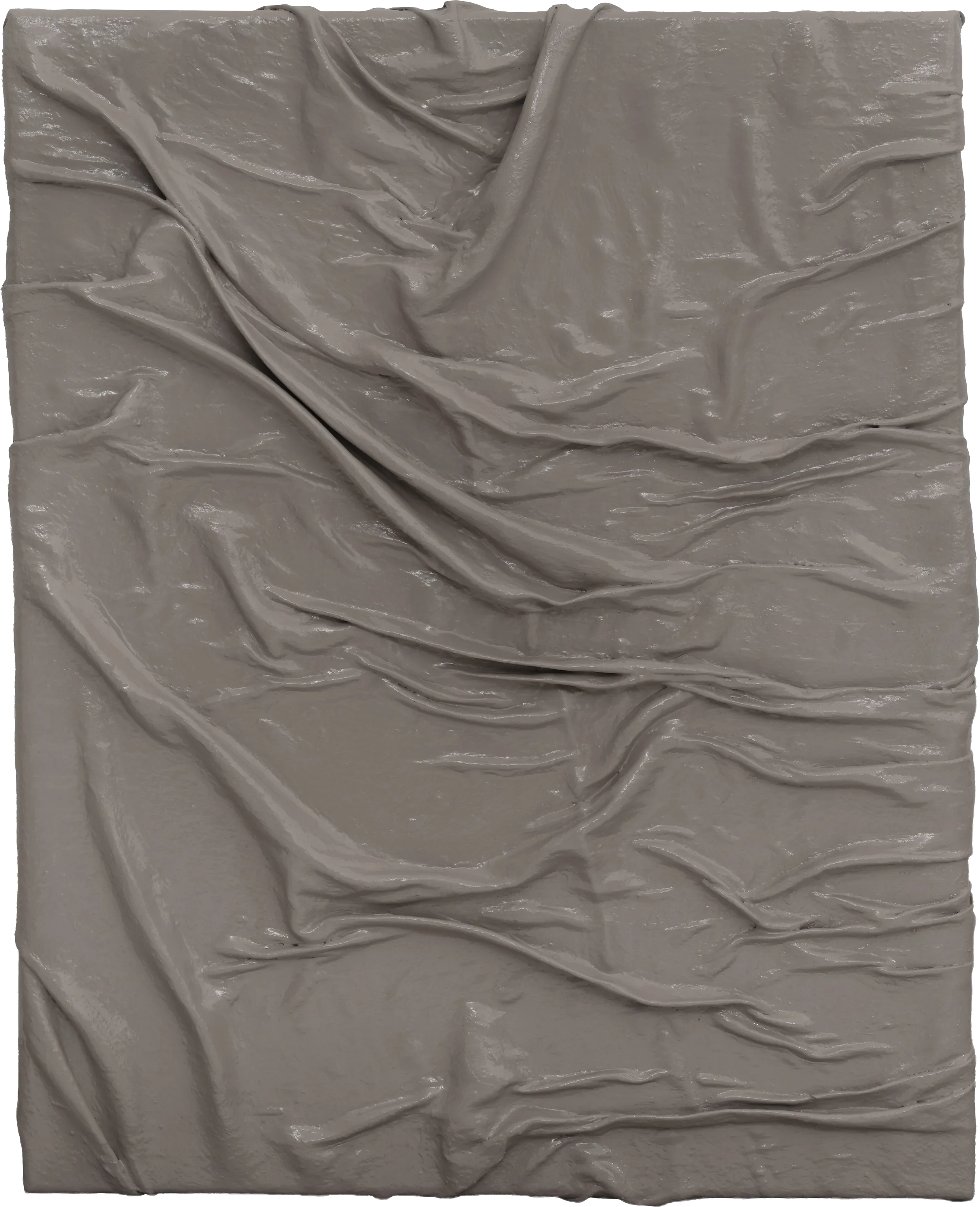 'Study in Texture II' (2023). A medium grey monochromatic mixed media relief featuring deep, dynamic diagonal folds of draped textile.