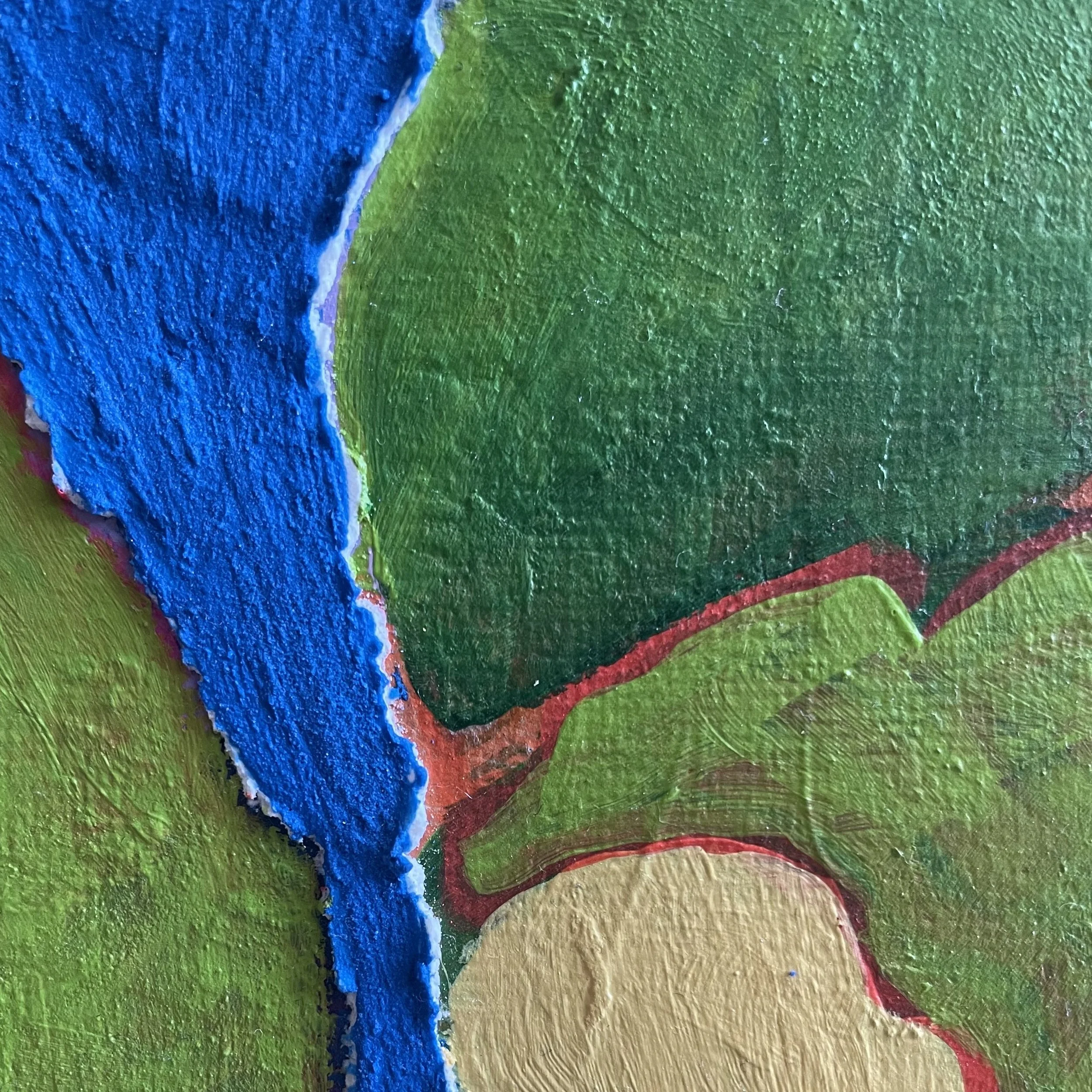 Close-up detail of the abstract canvas "Underveil" by Nicole Bajger, revealing raw materiality, layered brushwork, and subtle red linear accents defining organic fields of cobalt blue and green.