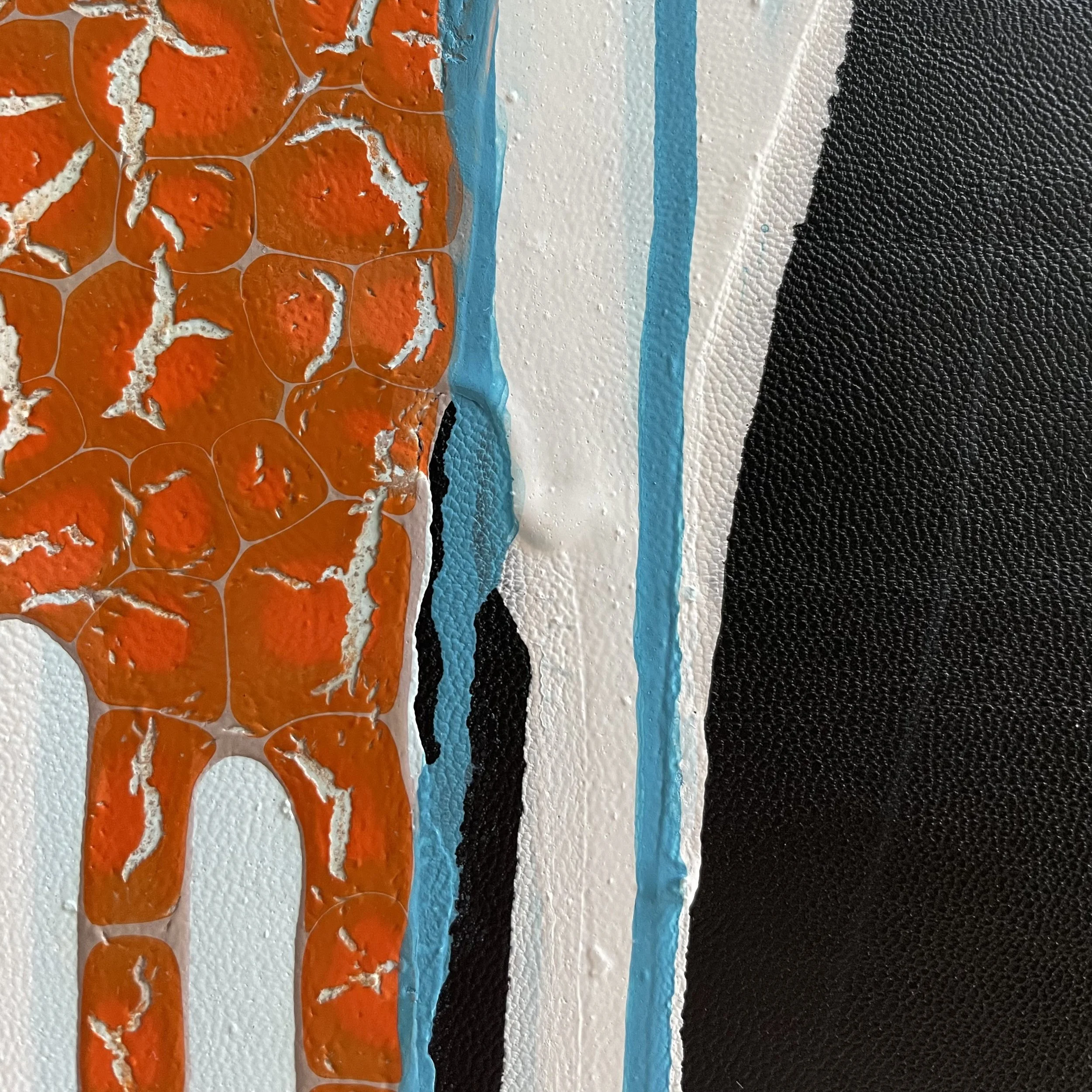 Close-up of a textured abstract painting with orange, white, black, and blue colors.
