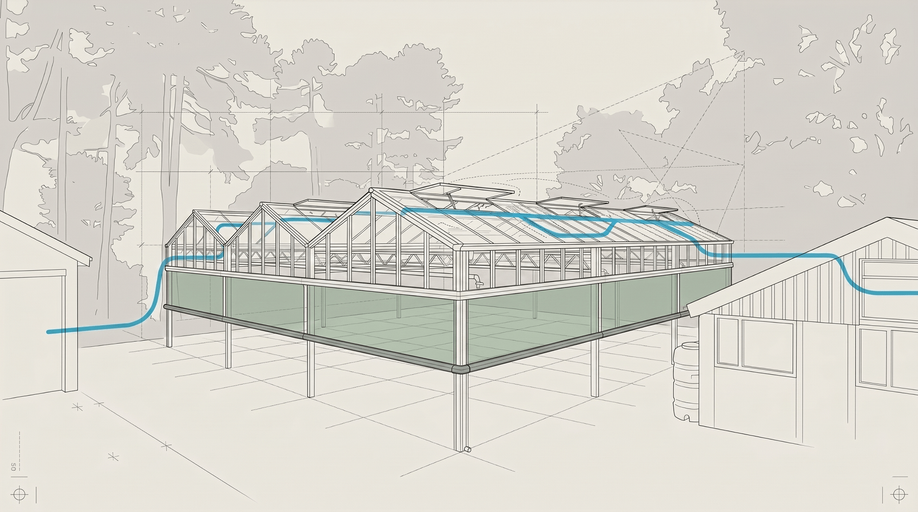 A technical drawing of a greenhouse with an integrated irrigation system. The greenhouse has a transparent roof and walls, and the irrigation piping runs along the roof structures and extends through the surrounding buildings.