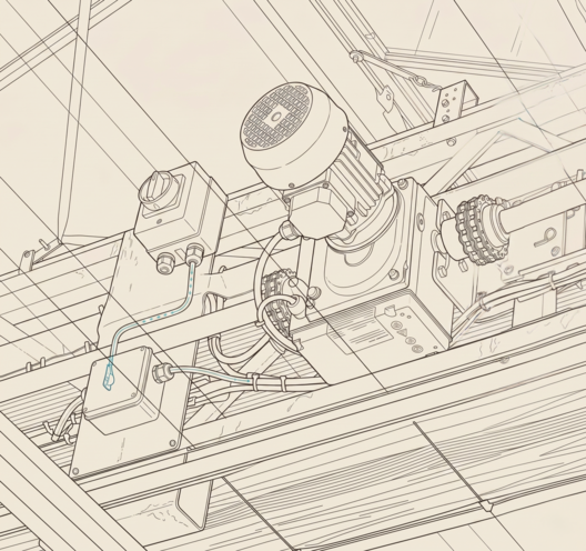 Line drawing of an industrial or mechanical system with motors, shafts, and control boxes.