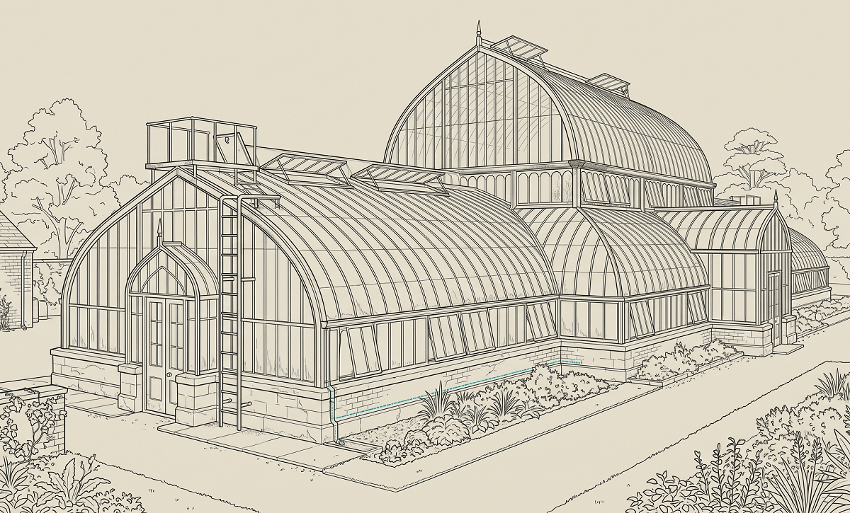 Line drawing of a large greenhouse with arched roofs and multiple glass sections, surrounded by garden plants and trees.