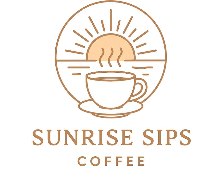 A logo featuring a sunrise with rays, a steaming coffee cup on a saucer, and the text 'Sunrise Sips Coffee' beneath it.