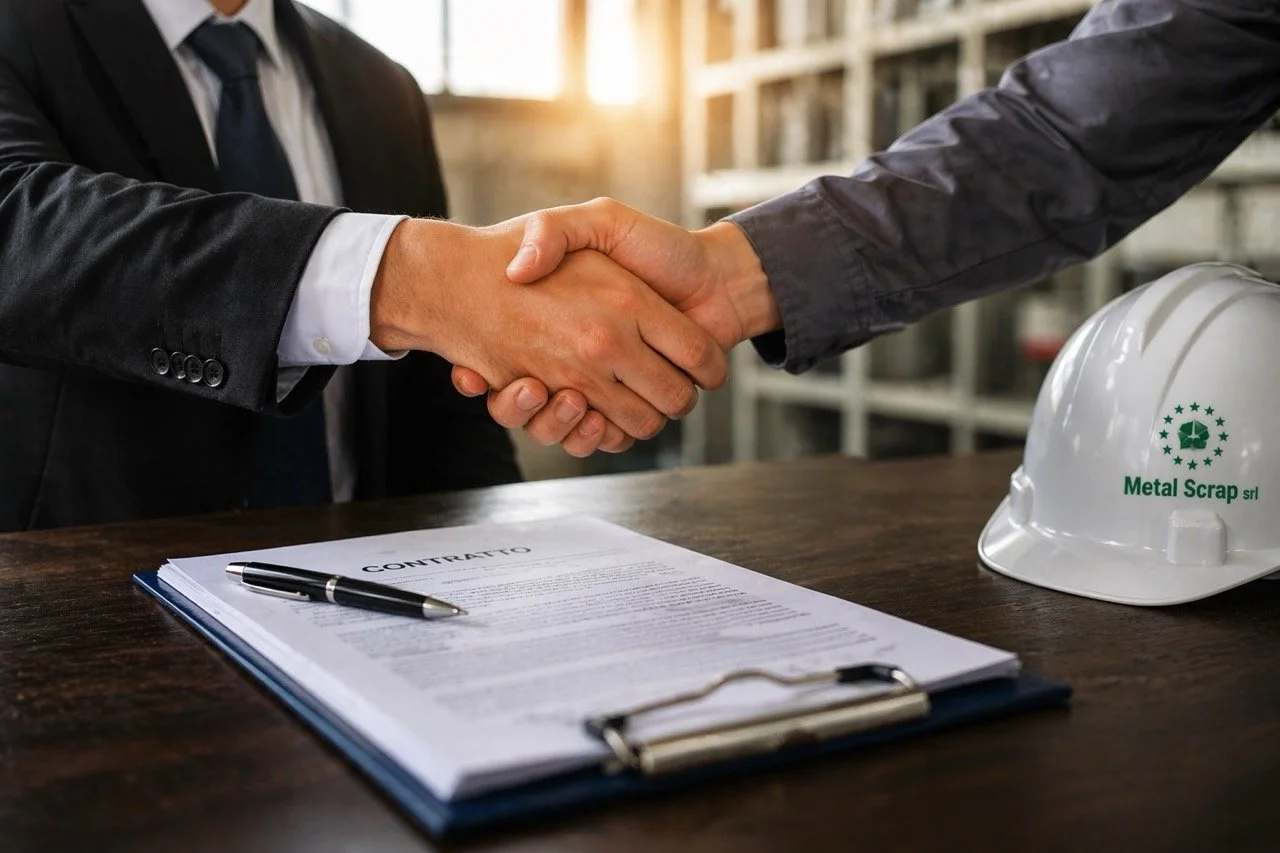 Due persone si stringono la mano sopra un tavolo con un contratto, una penna e un casco da lavoro con il logo 'Metal Scrap srl' in un ambiente industriale.