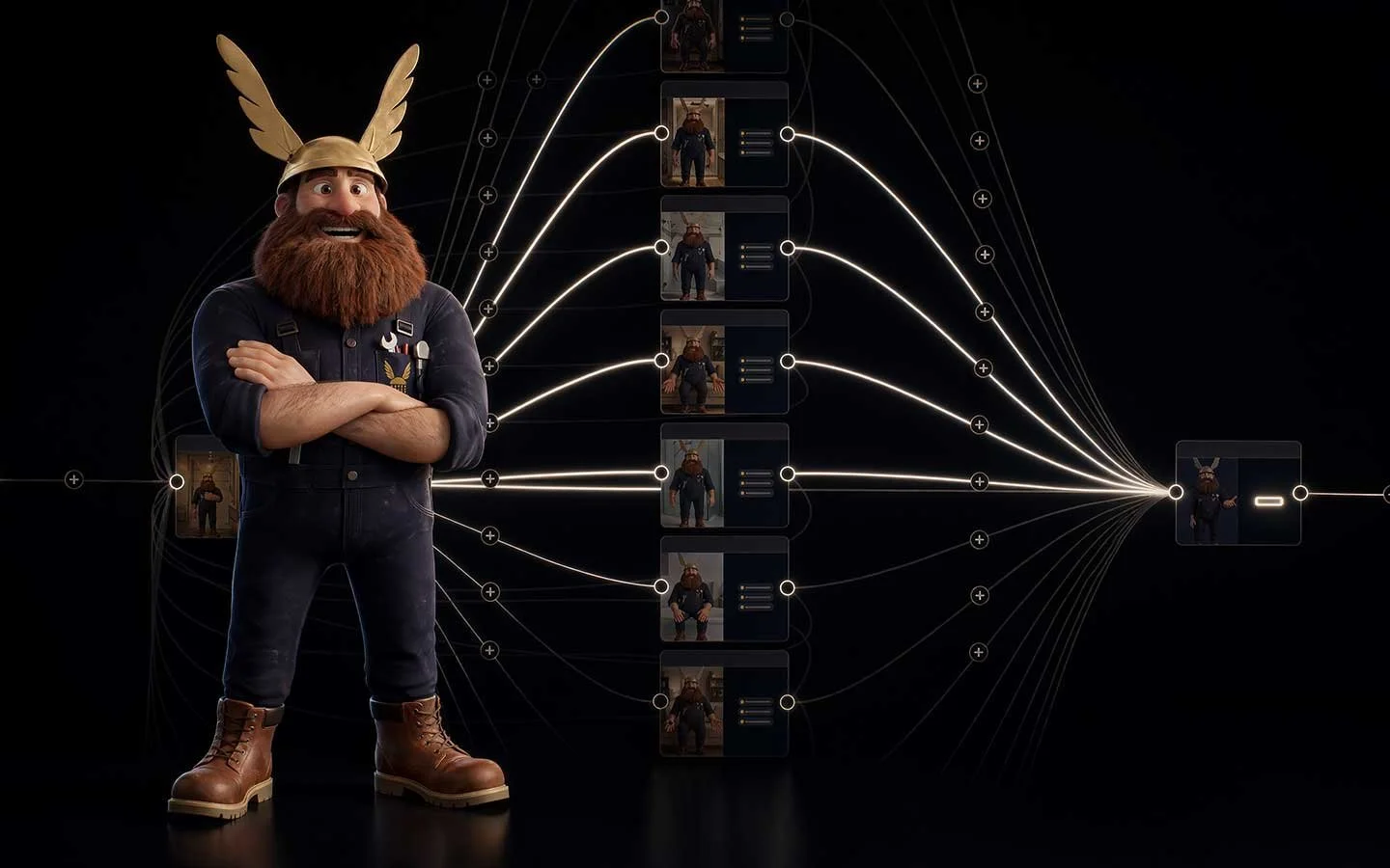 A cartoon character with a red beard, wearing a gold helmet with wings, black overalls, and brown boots, stands with arms crossed in front of a dark background featuring a digital neural network diagram with multiple images of a character in a blue suit.