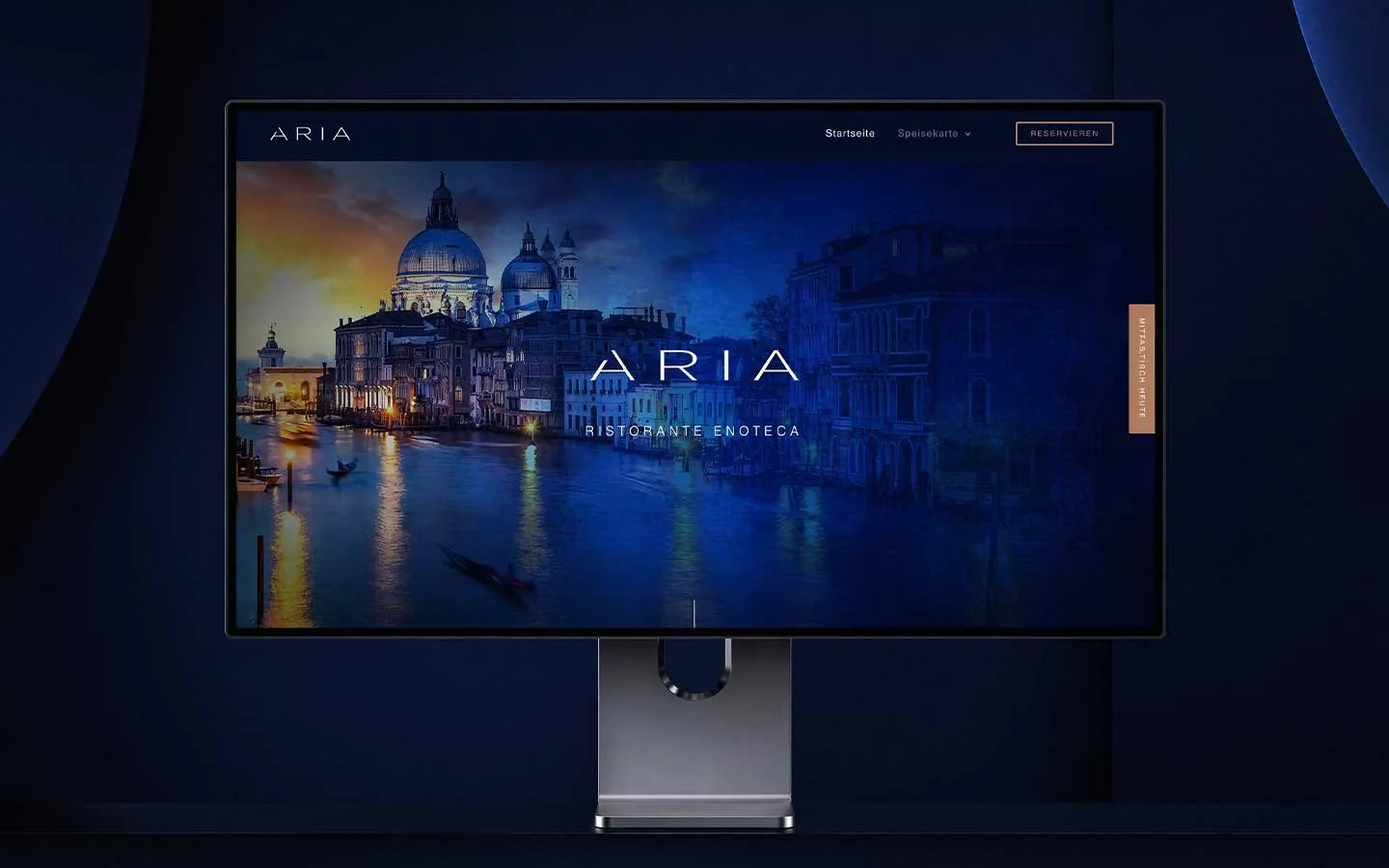 Website homepage for a restaurant called Aria featuring a scenic riverside view of Venice, Italy with a large domed church in the background and watercraft on the river.