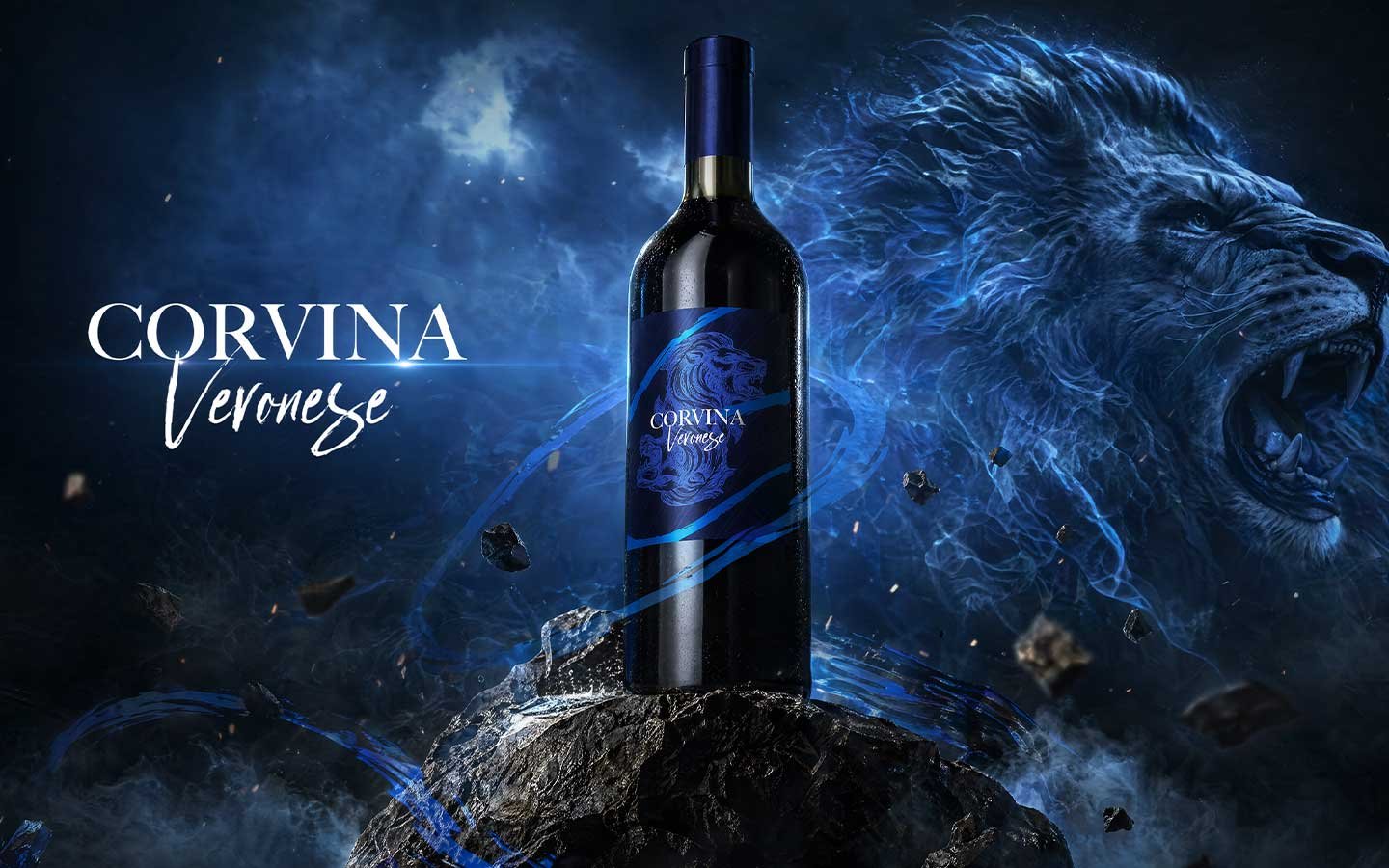 A wine bottle with a dark blue label featuring a lion's face, placed on a rocky surface with a roaring lion's head in the background, surrounded by lightning and blue energy effects.