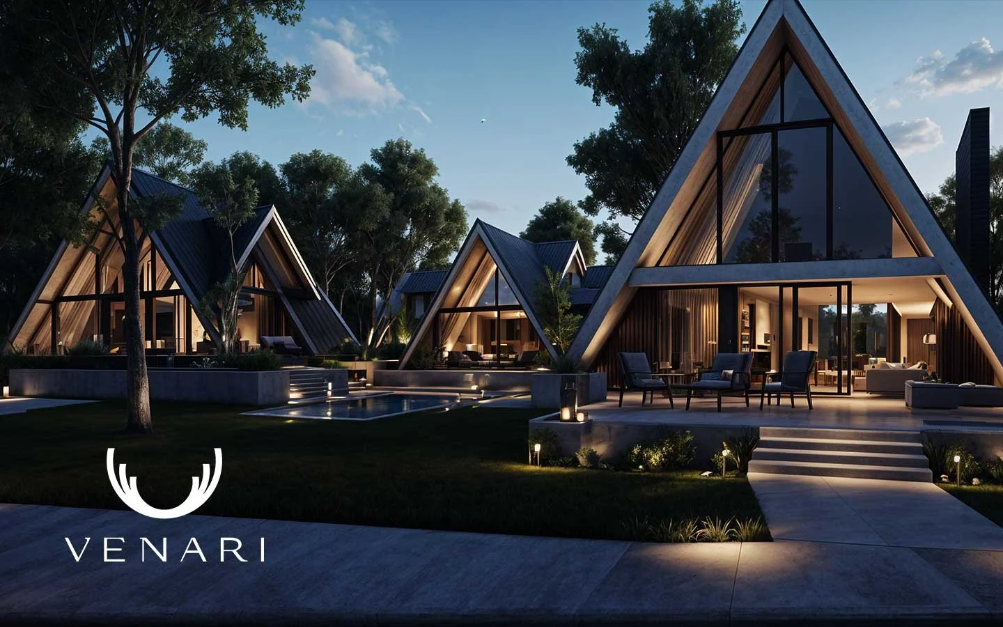 A modern luxury resort with multiple A-frame cabins surrounded by trees, featuring large glass windows, outdoor seating areas, and landscaped grounds with pathway lighting at dusk.