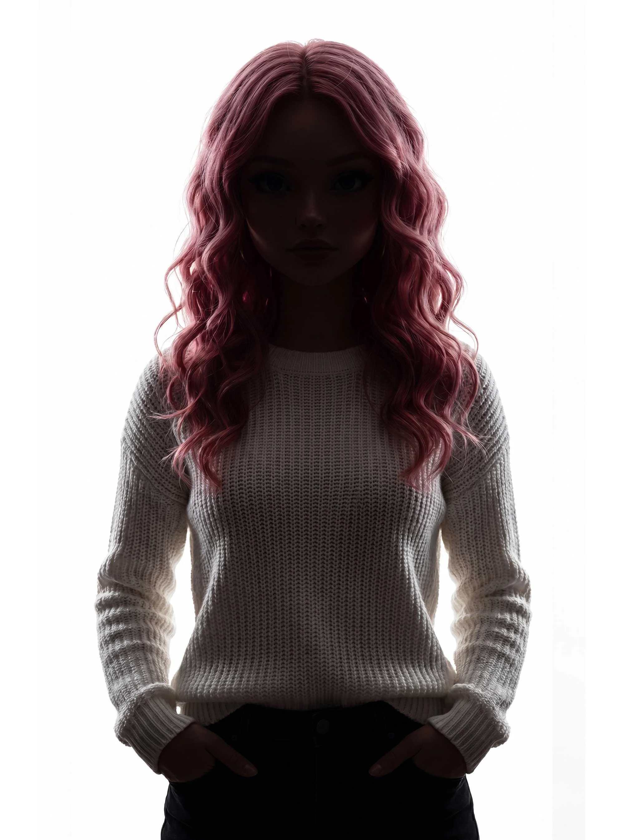 Silhouette of a woman with pink, wavy hair wearing a white sweater, standing against a bright background, with her hands in her pockets.