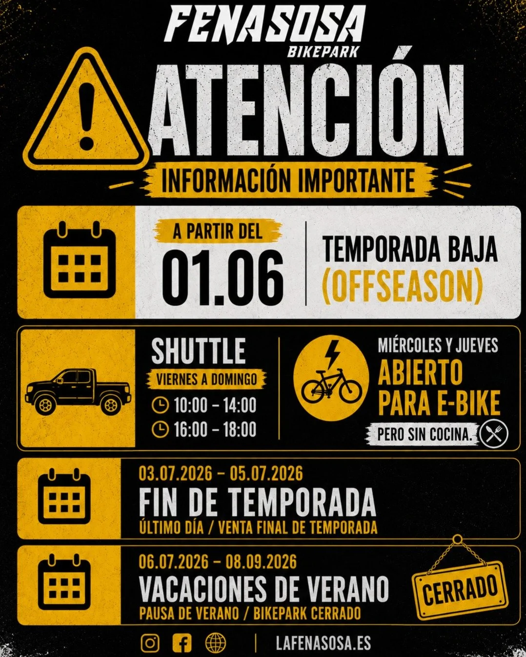 🚨 &iexcl;Atenci&oacute;n riders! 📅 &iexcl;Apuntad las fechas en vuestros calendarios! 🚨

A partir del 01.06 entramos en temporada baja (offseason) en Fenasosa Bikepark 👇

🚐 Remontes disponible viernes a domingo
🕙 10:00 &ndash; 14:00
🕓 16:00 &n