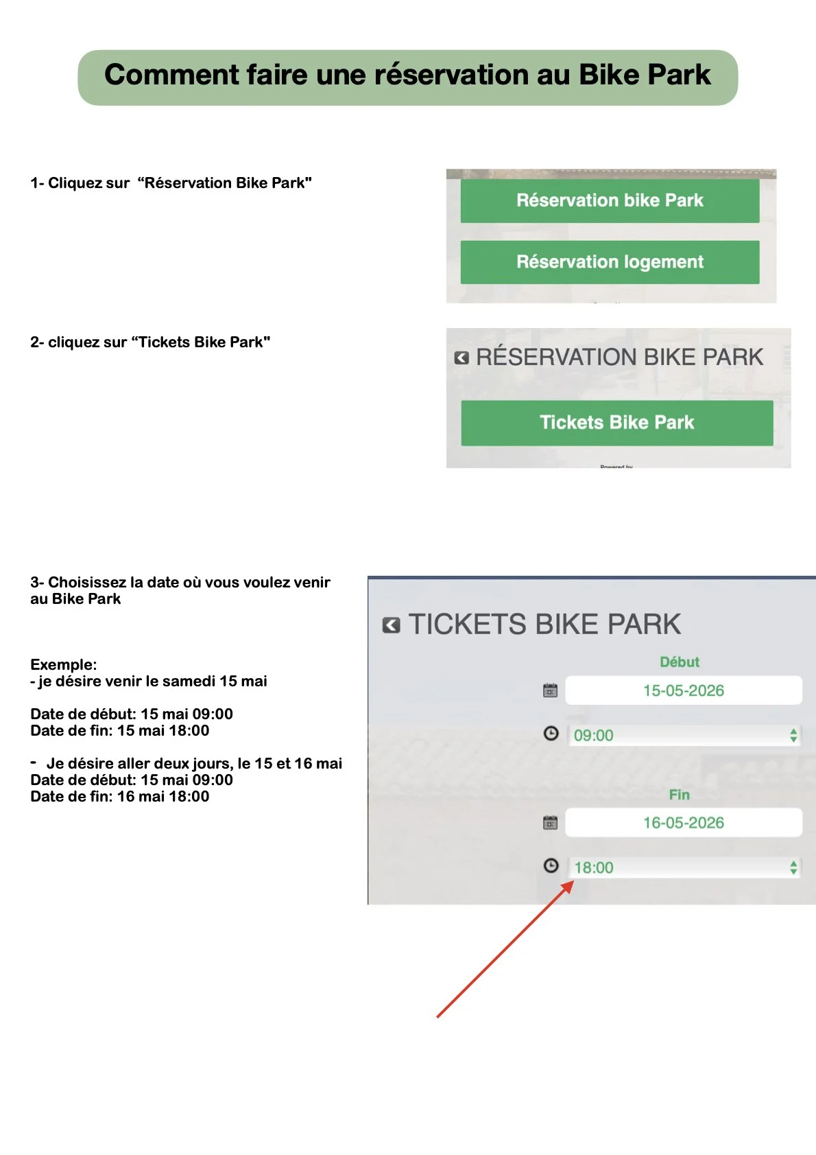 Instructions for reserving a bike parking spot, including clicking on reservation options, selecting dates, and times on a digital interface.